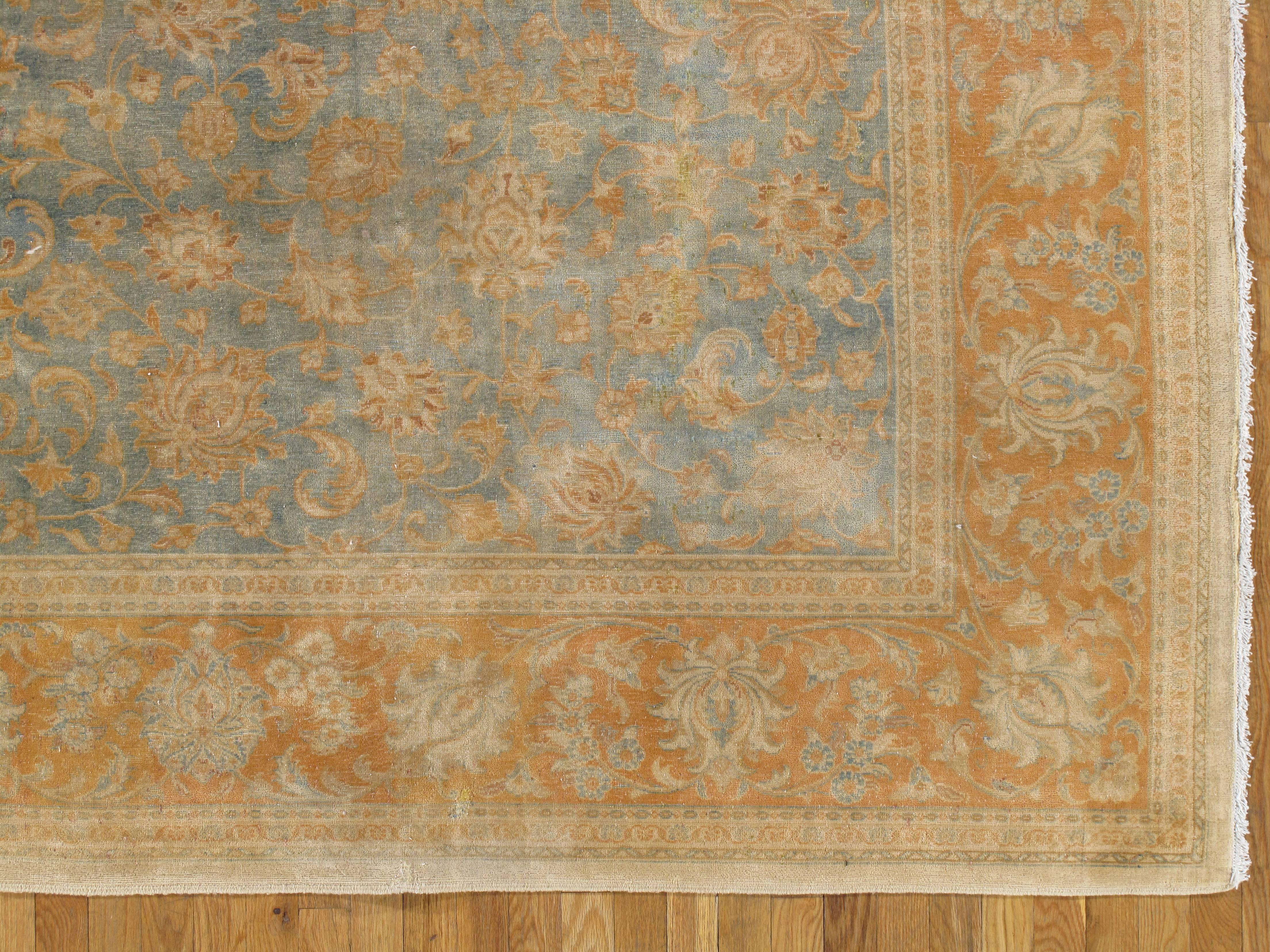 Early 20th Century Antique Kerman Carpet, Allover Persian Handmade Carpet, Light blue, Ivory, Peach
