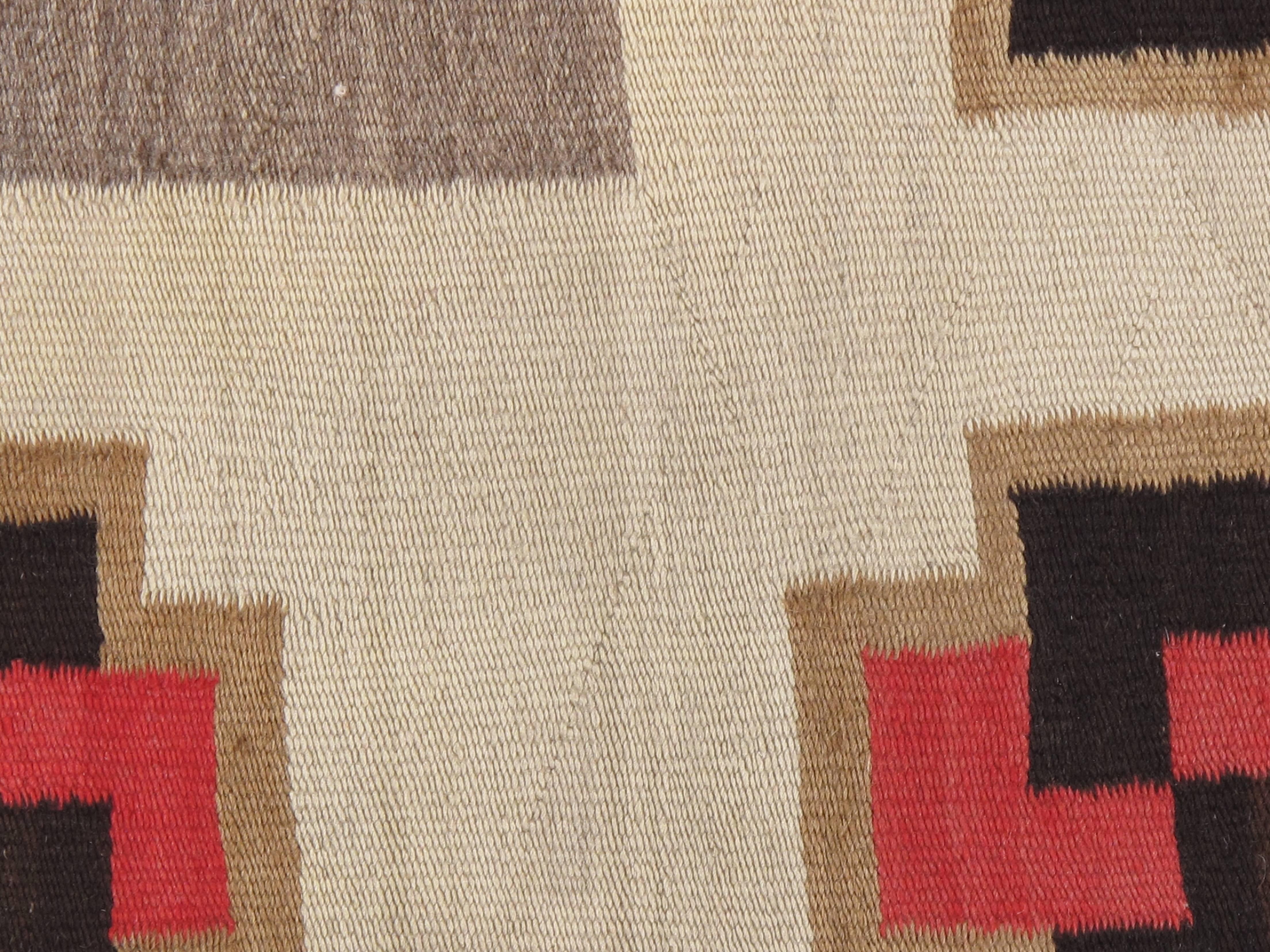 American Antique Navajo Carpet, Handmade Rug, Brown, Blue, Beige, Taupe Soft Red Color