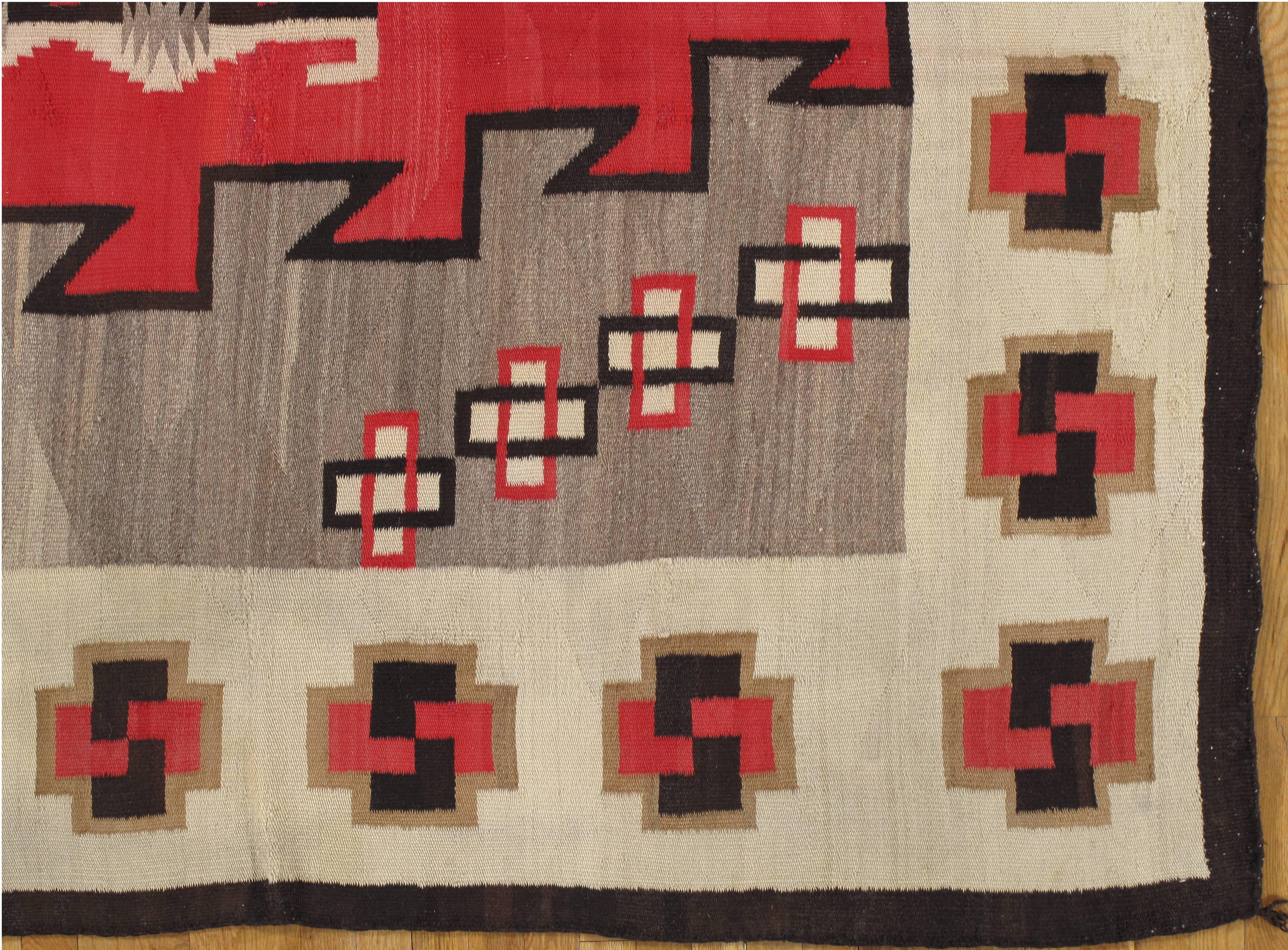Hand-Knotted Antique Navajo Carpet, Handmade Rug, Brown, Blue, Beige, Taupe Soft Red Color