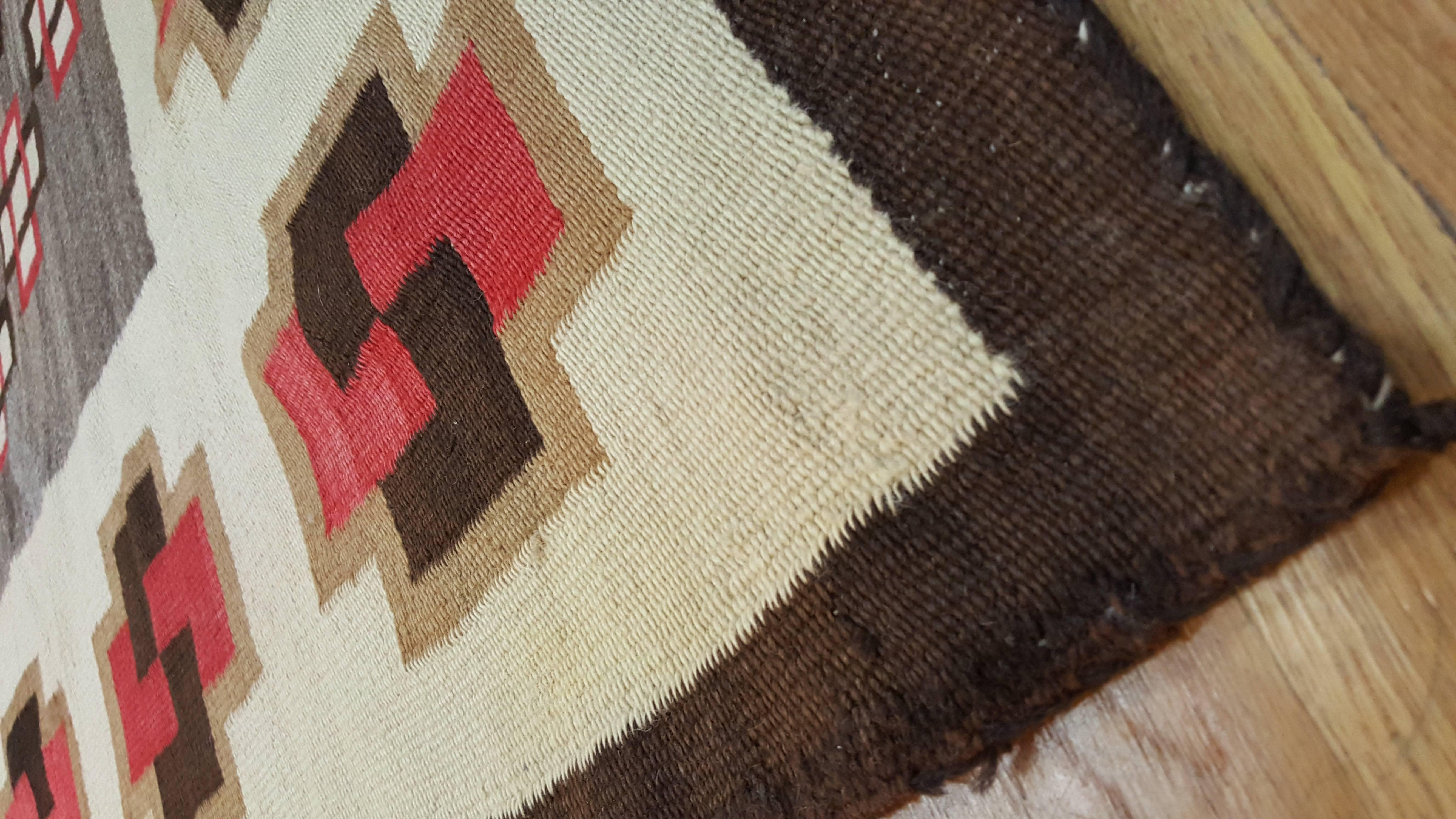 Antique Navajo Carpet, Handmade Rug, Brown, Blue, Beige, Taupe Soft Red Color In Excellent Condition In Port Washington, NY