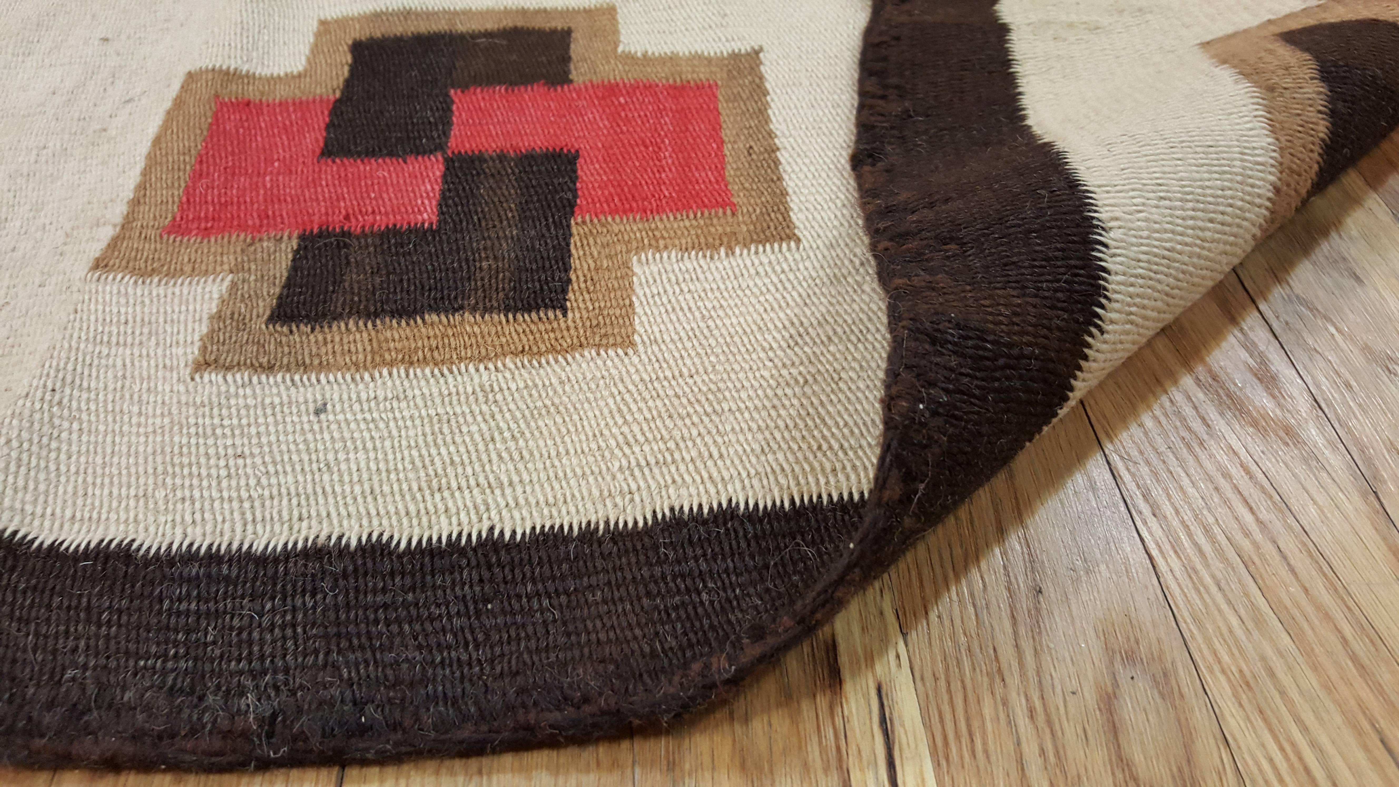 Wool Antique Navajo Carpet, Handmade Rug, Brown, Blue, Beige, Taupe Soft Red Color