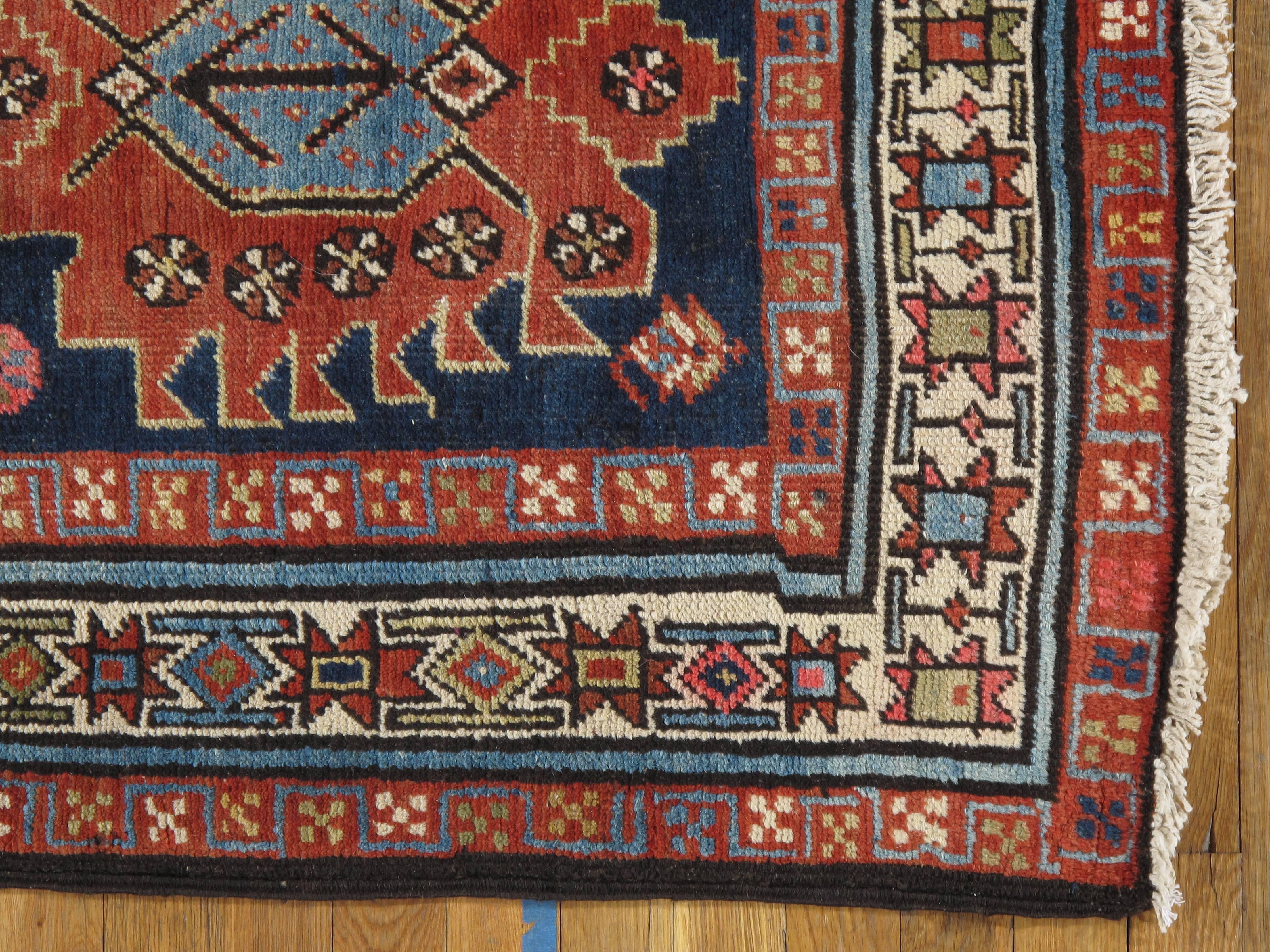 Heriz Serapi Antique Heriz Northwest Persian Runner, Handmade, Navy, Light Blue, Saffron Rust
