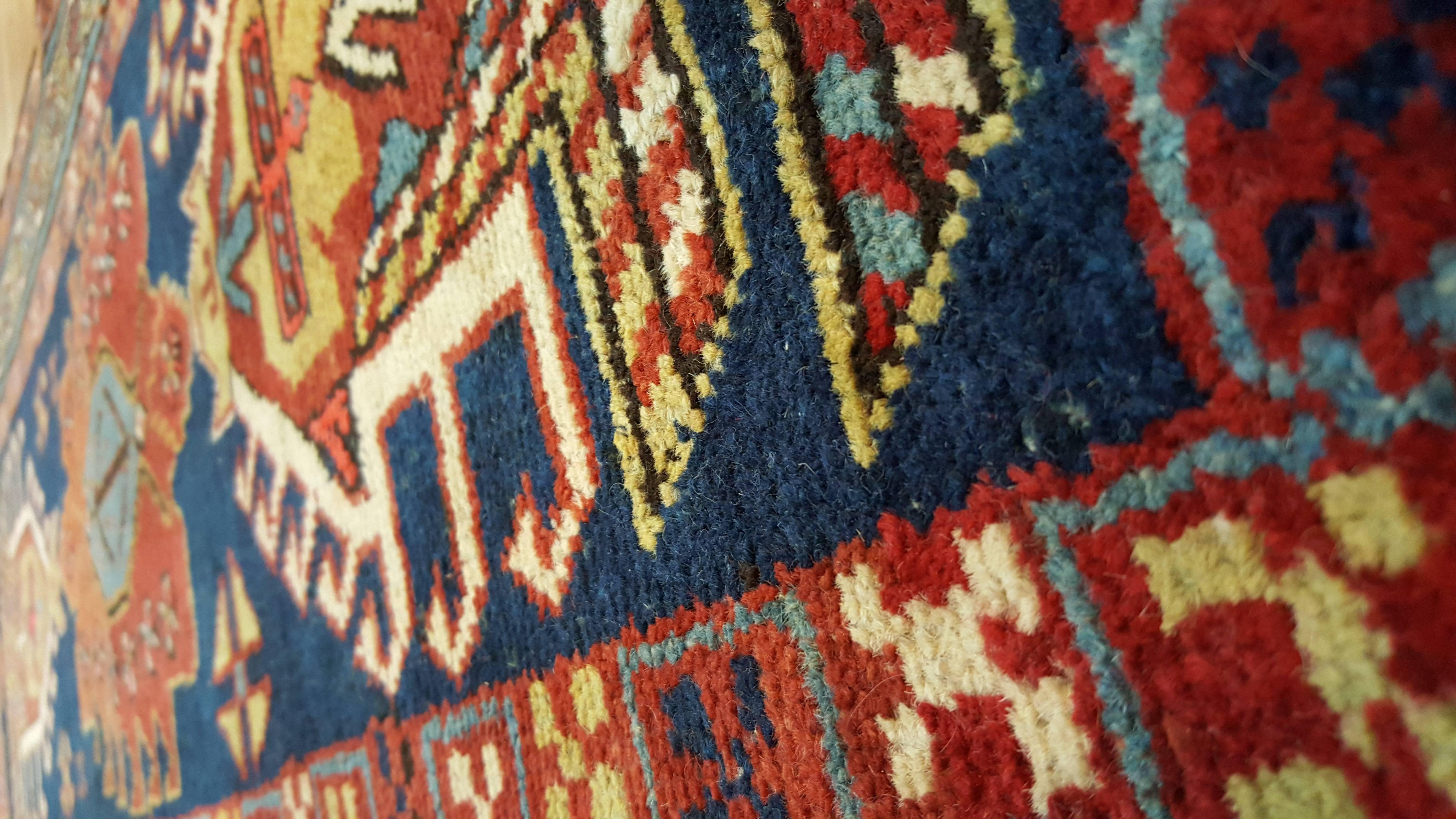 Hand-Knotted Antique Heriz Northwest Persian Runner, Handmade, Navy, Light Blue, Saffron Rust