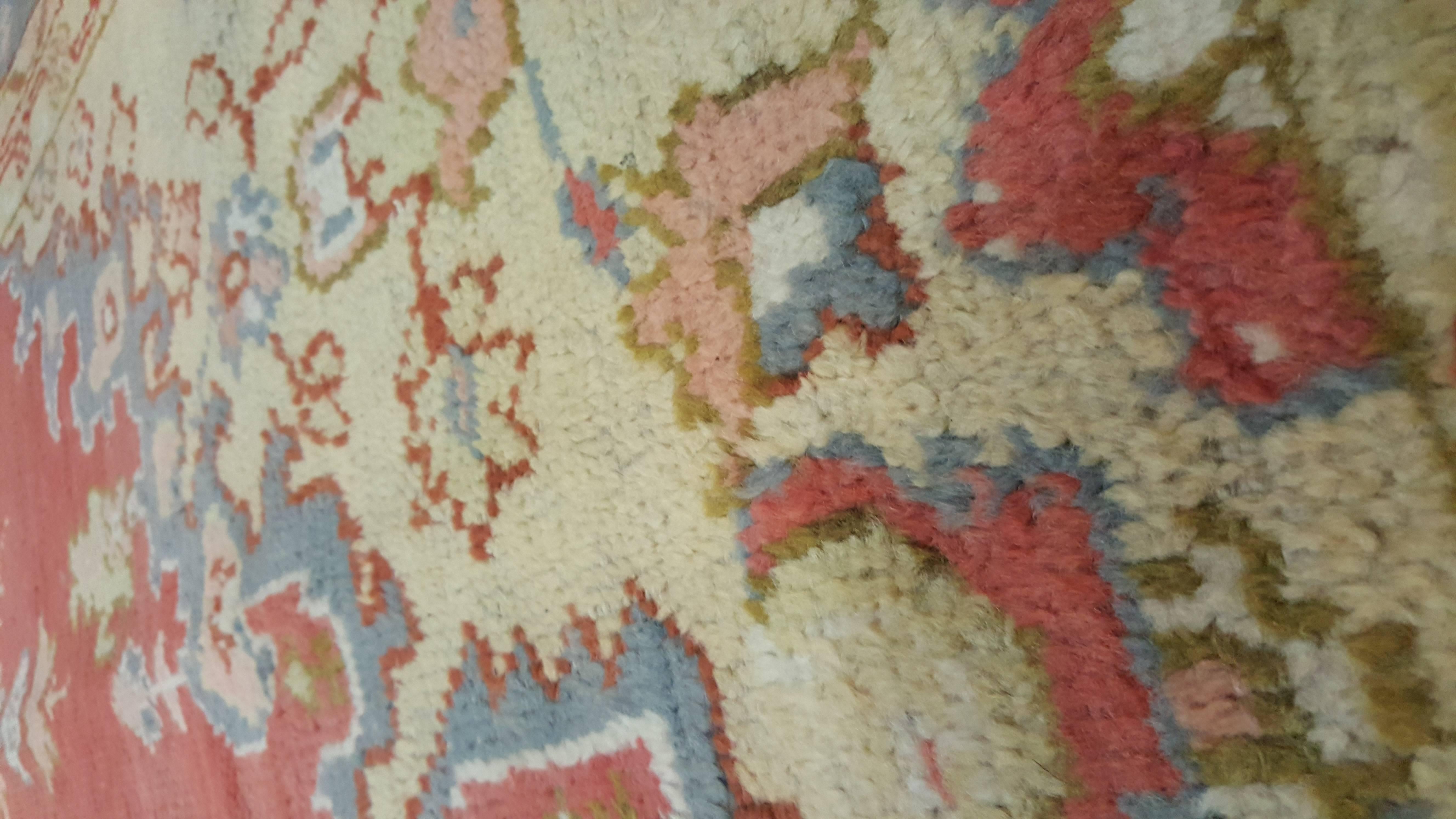 Turkish Antique Oushak Carpet, Handmade Oriental Rug, Coral and Light Blue Fine Rug