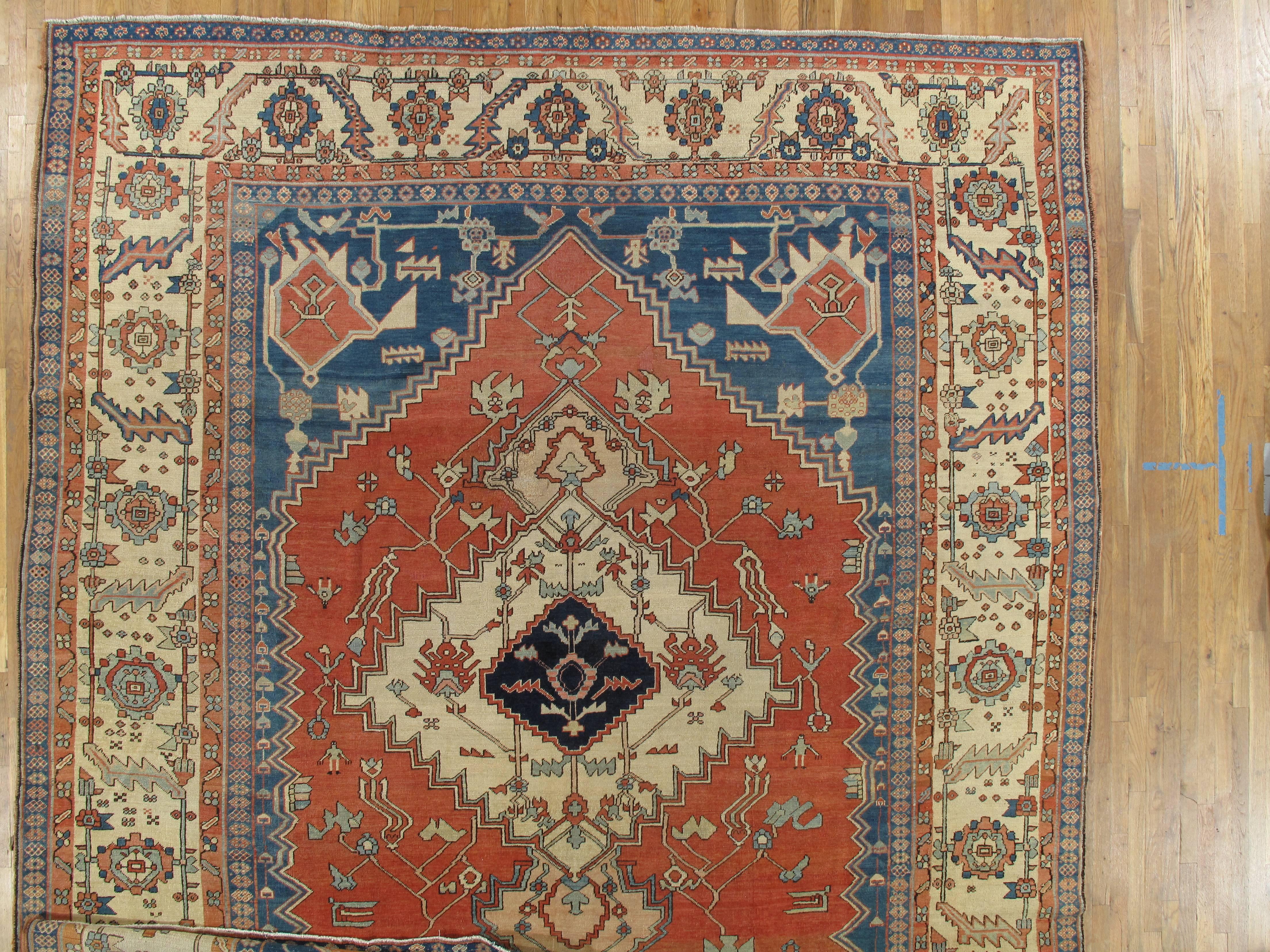 Hand-Knotted Antique Persian Serapi Carpet, Handmade Rug Ivory Border, Light Blue, Rust Ivory