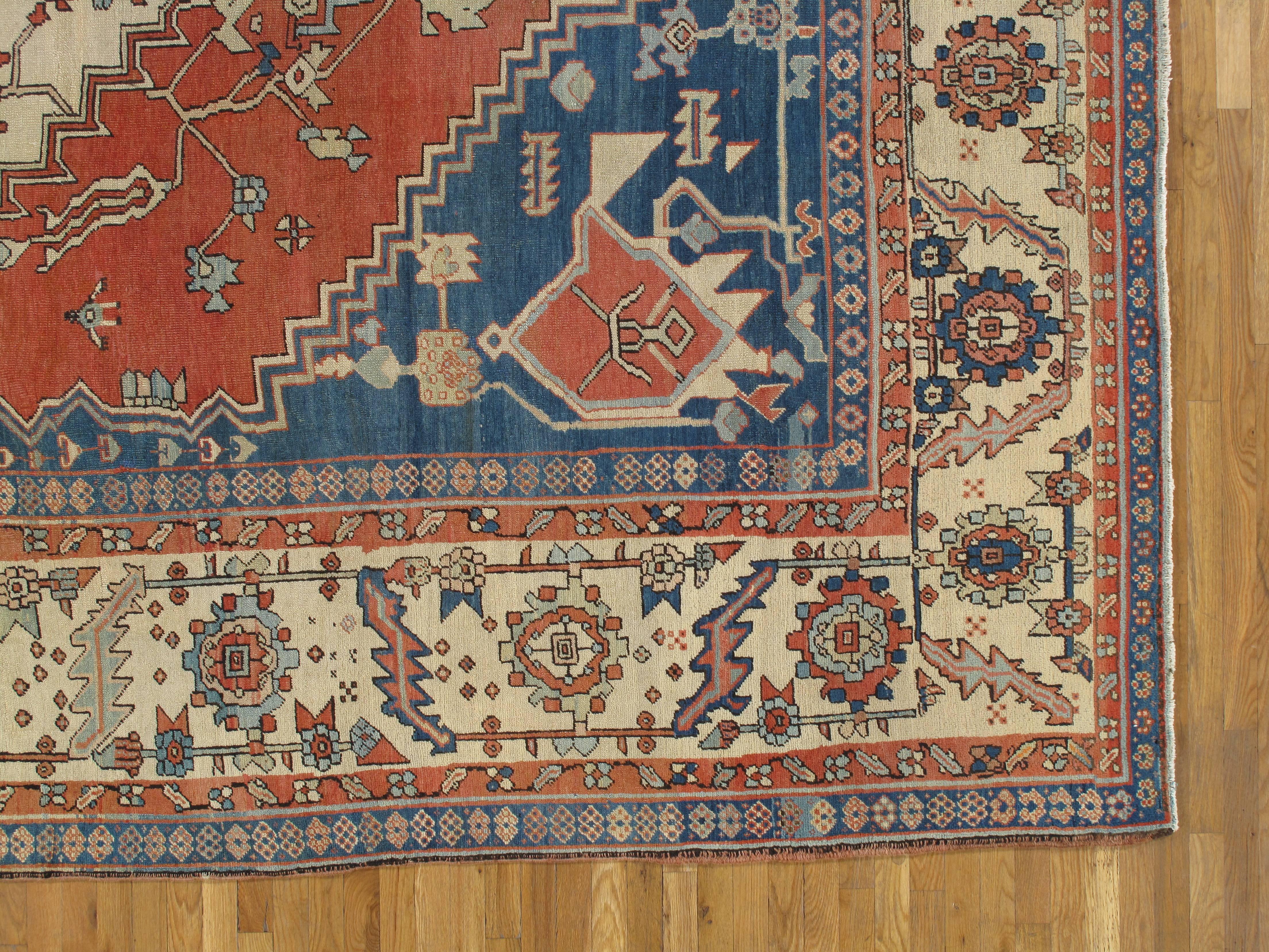Late 19th Century Antique Persian Serapi Carpet, Handmade Rug Ivory Border, Light Blue, Rust Ivory