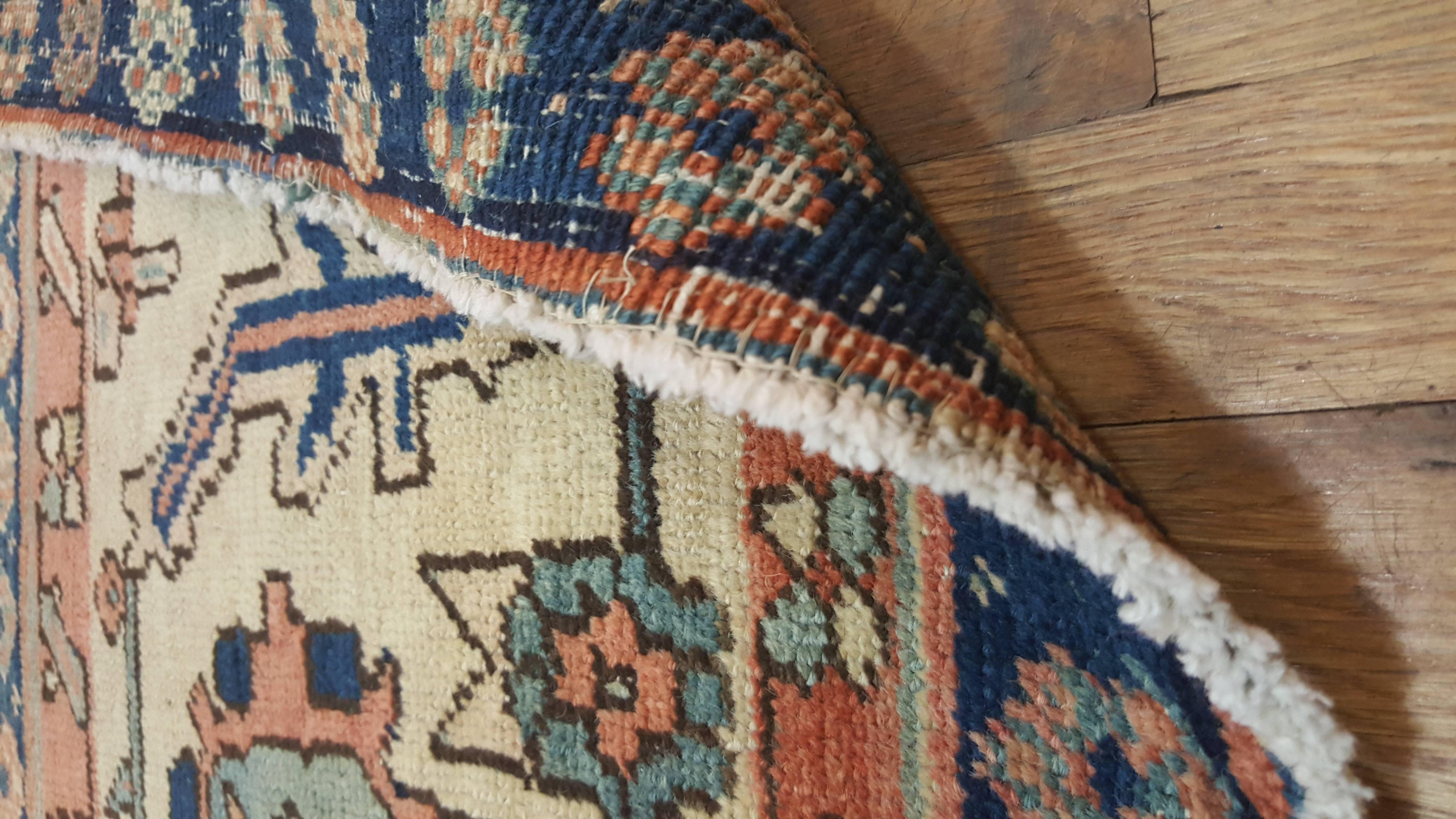 Wool Antique Persian Serapi Carpet, Handmade Rug Ivory Border, Light Blue, Rust Ivory