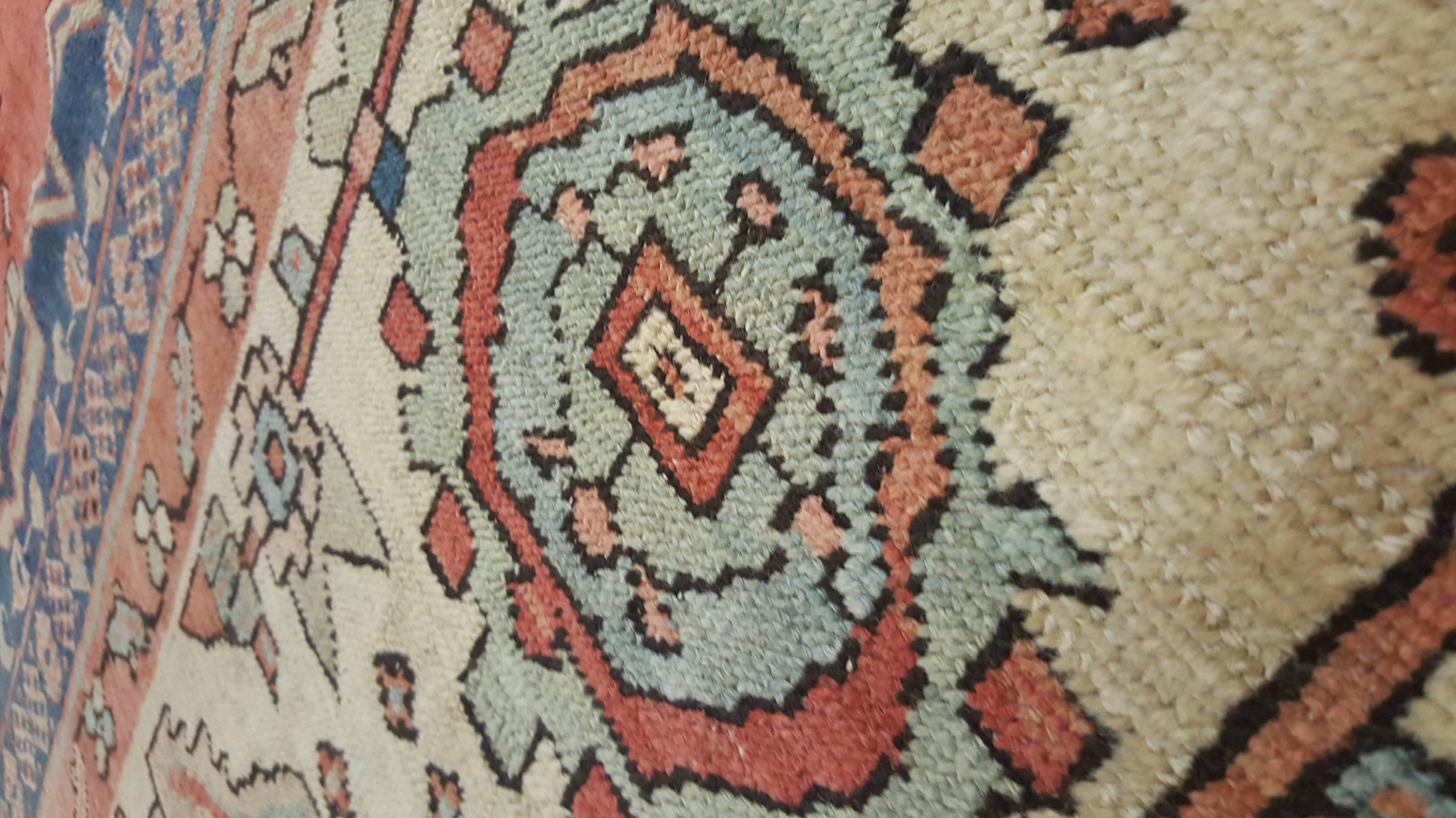 Antique Persian Serapi Carpet, Handmade Rug Ivory Border, Light Blue, Rust Ivory 1