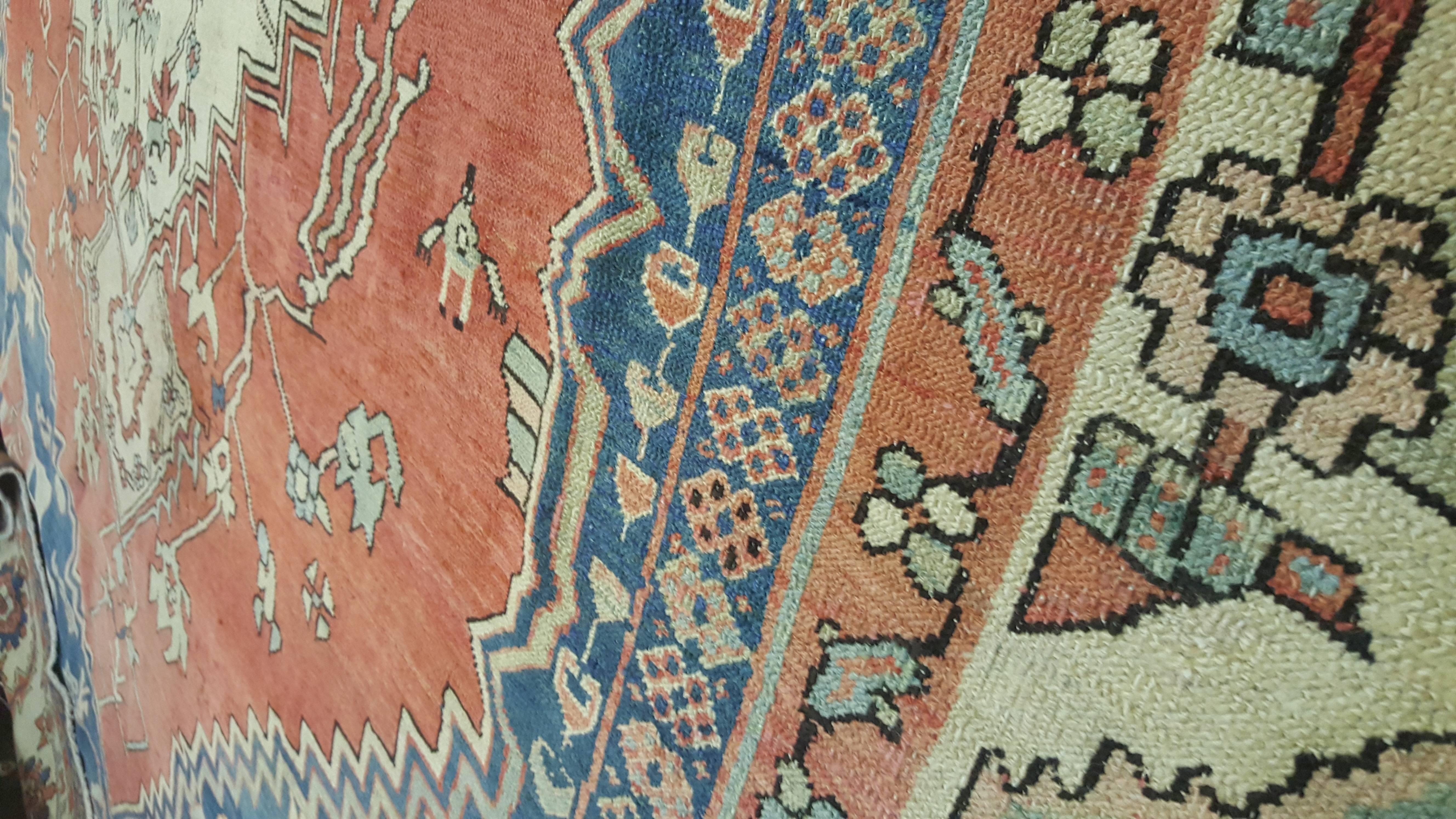 Antique Persian Serapi Carpet, Handmade Rug Ivory Border, Light Blue, Rust Ivory 2
