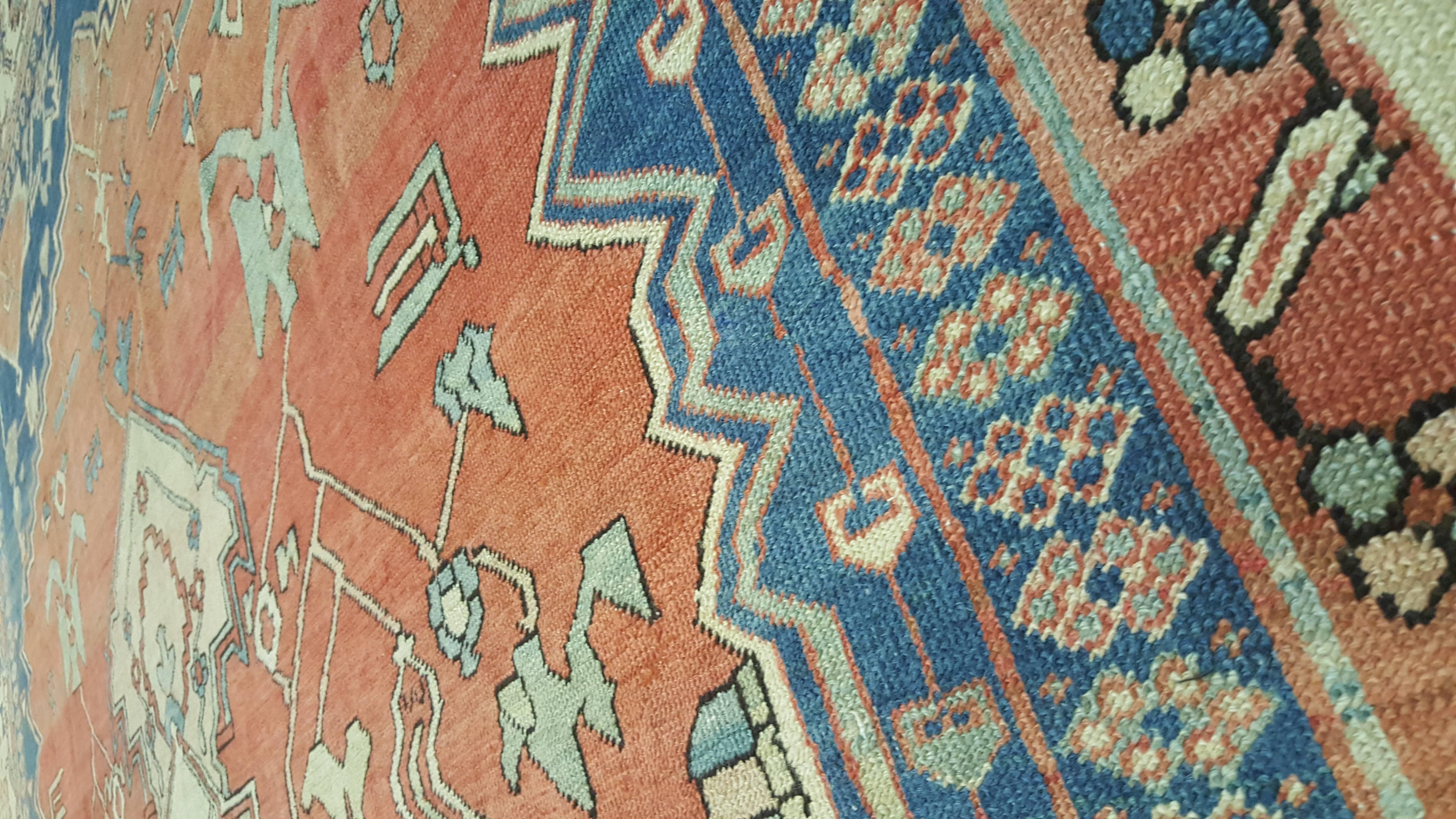 Antique Persian Serapi Carpet, Handmade Rug Ivory Border, Light Blue, Rust Ivory 3