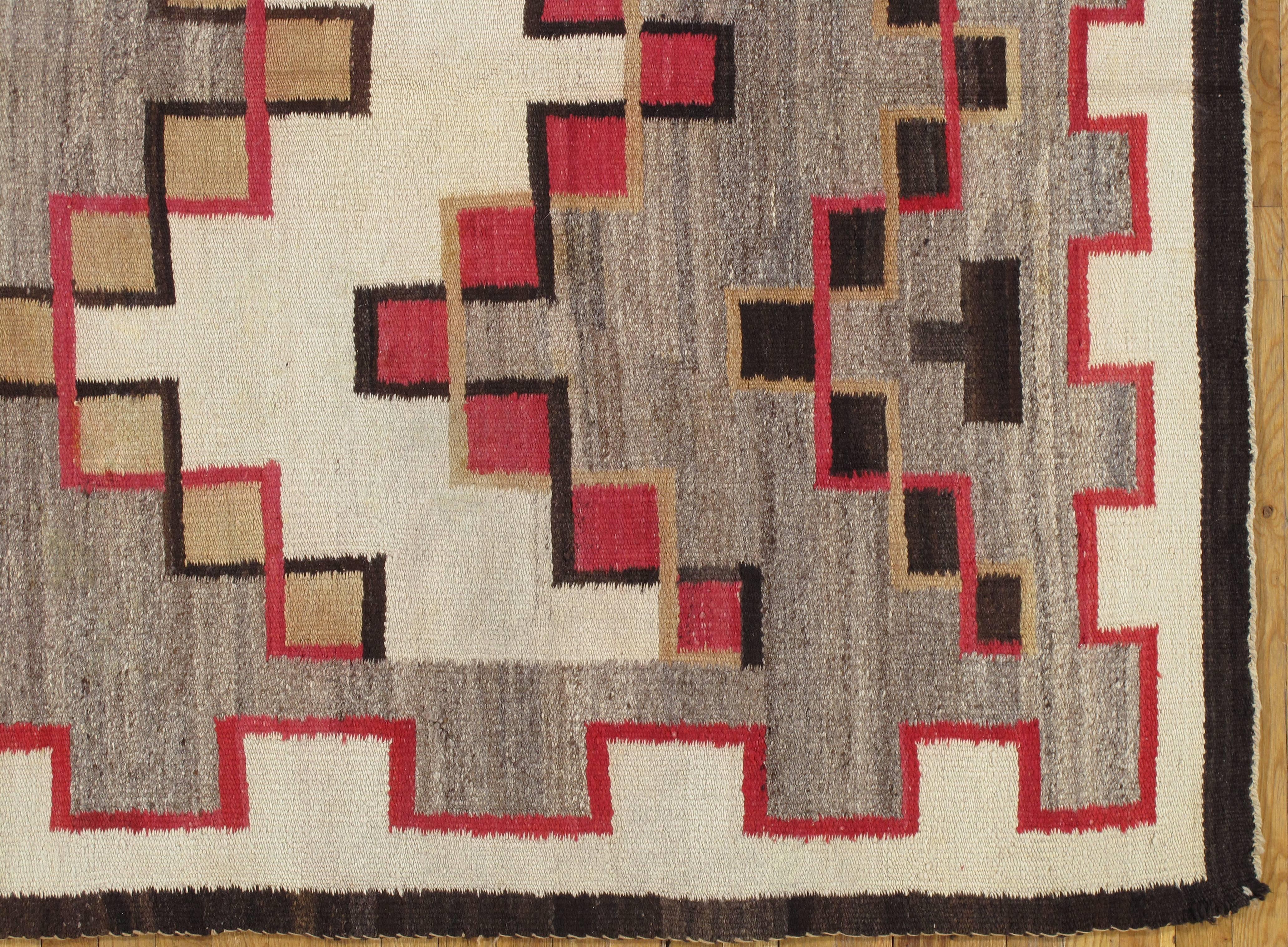 American Antique Navajo Rug, Oriental Rug, Fine Handmade Wool Rug, Taupe, Ivory, Red Gray