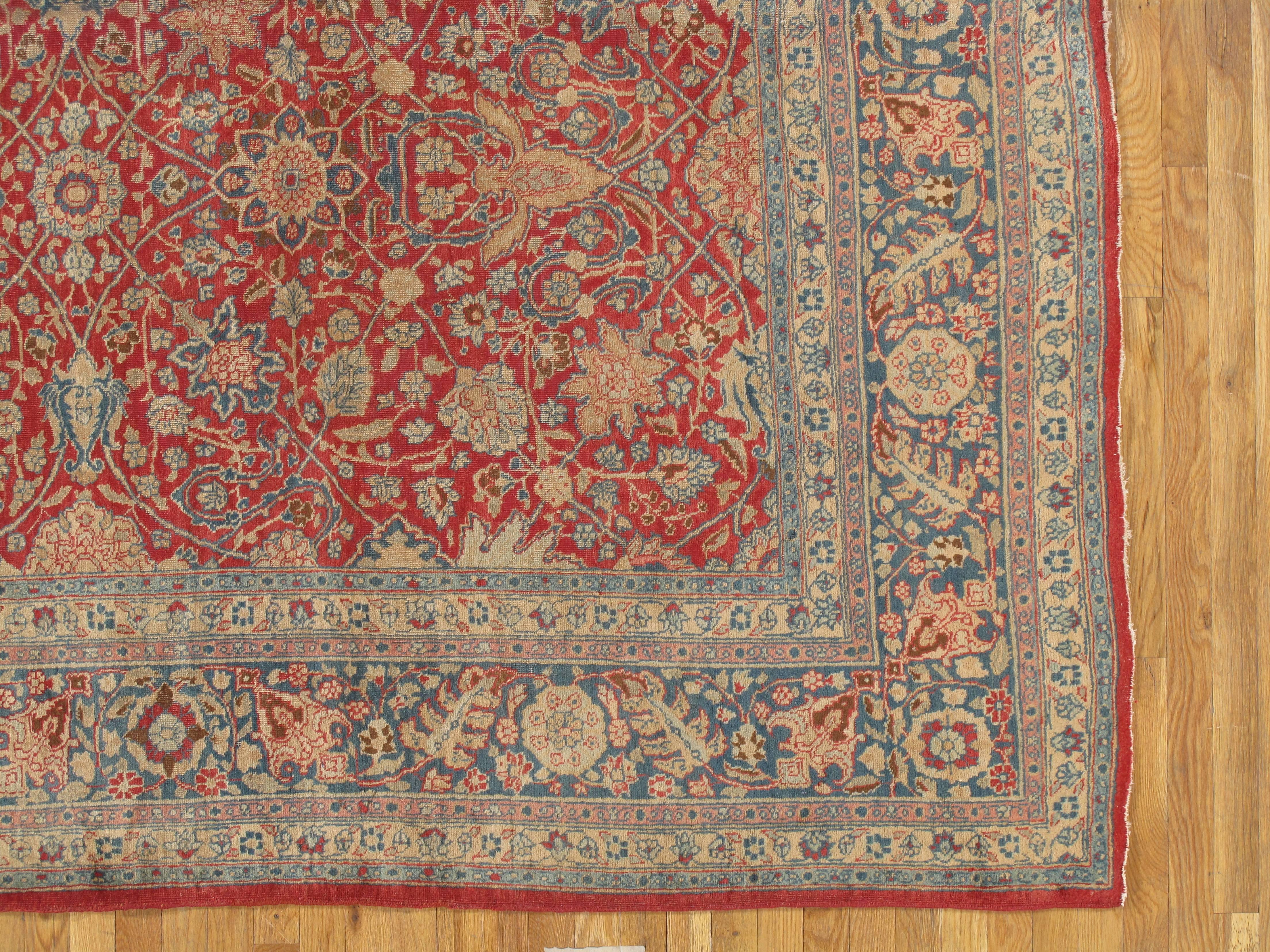 Antiker antiker Täbriz-Teppich, feiner orientalischer Teppich, handgefertigt, rot, königsblauer Perserteppich (Tabriz) im Angebot