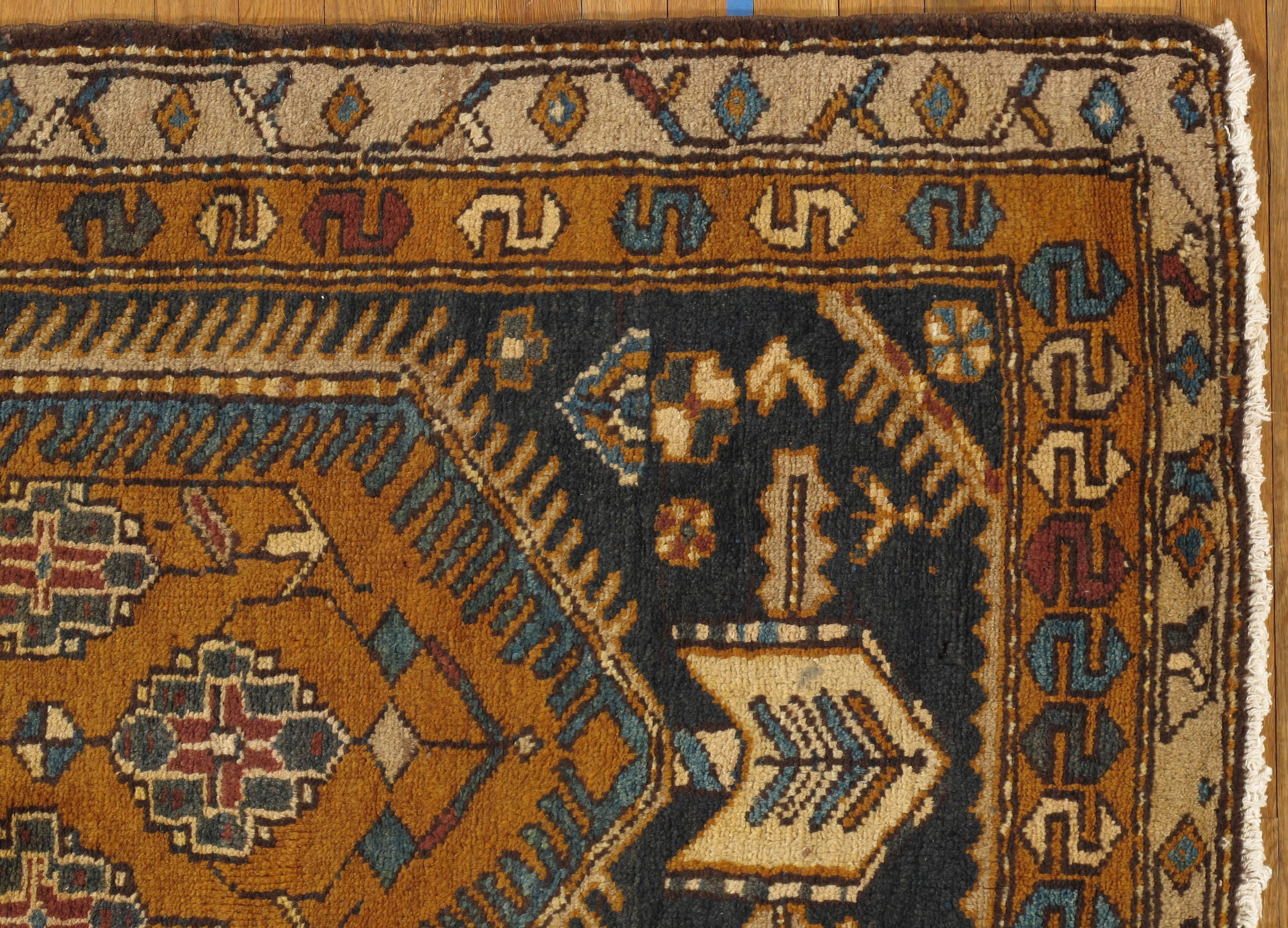 Heriz Serapi Antique Heriz Northwest Persian Runner, Handmade Rug, Navy, Light Blue, Saffron
