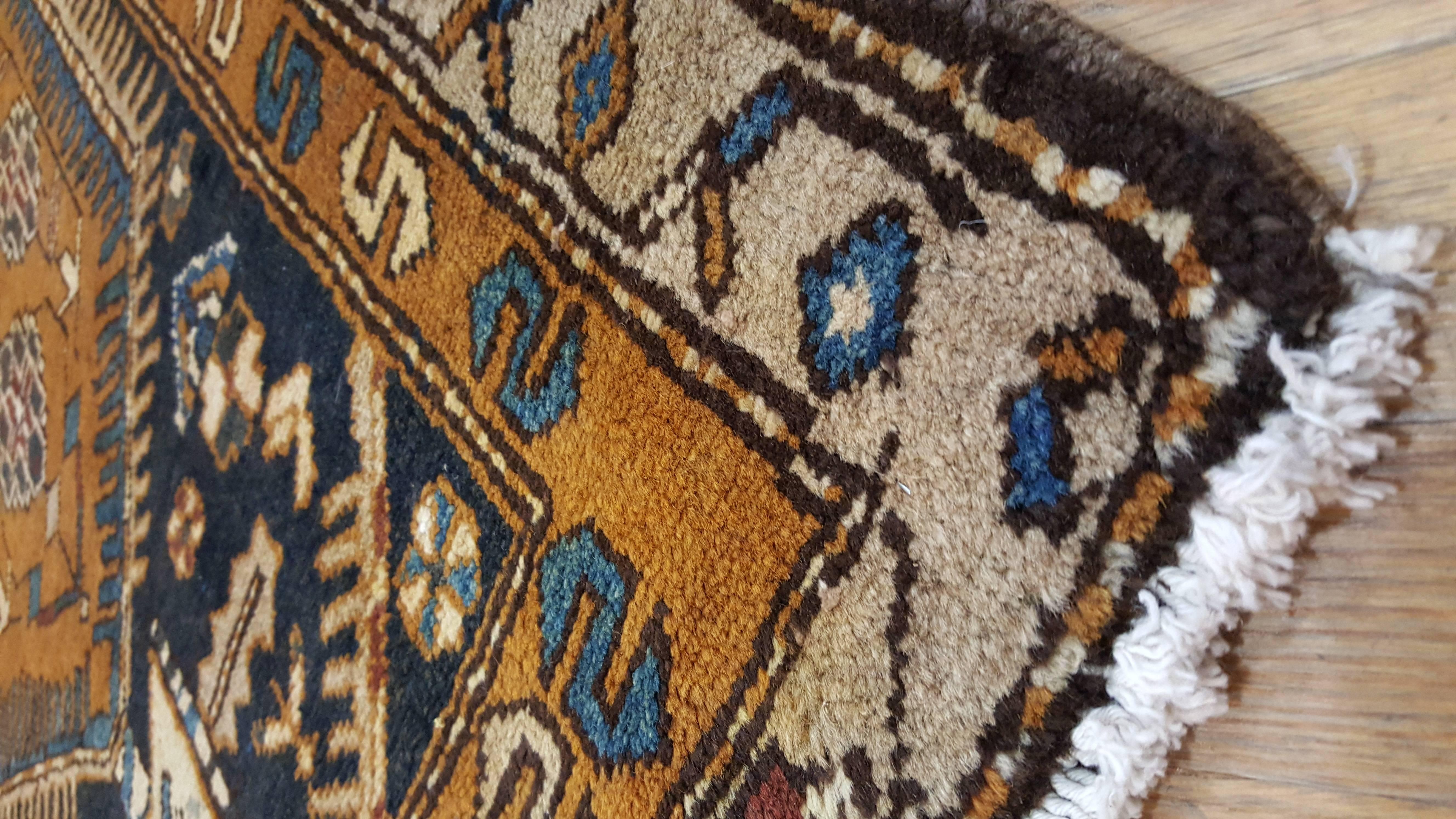 Hand-Knotted Antique Heriz Northwest Persian Runner, Handmade Rug, Navy, Light Blue, Saffron