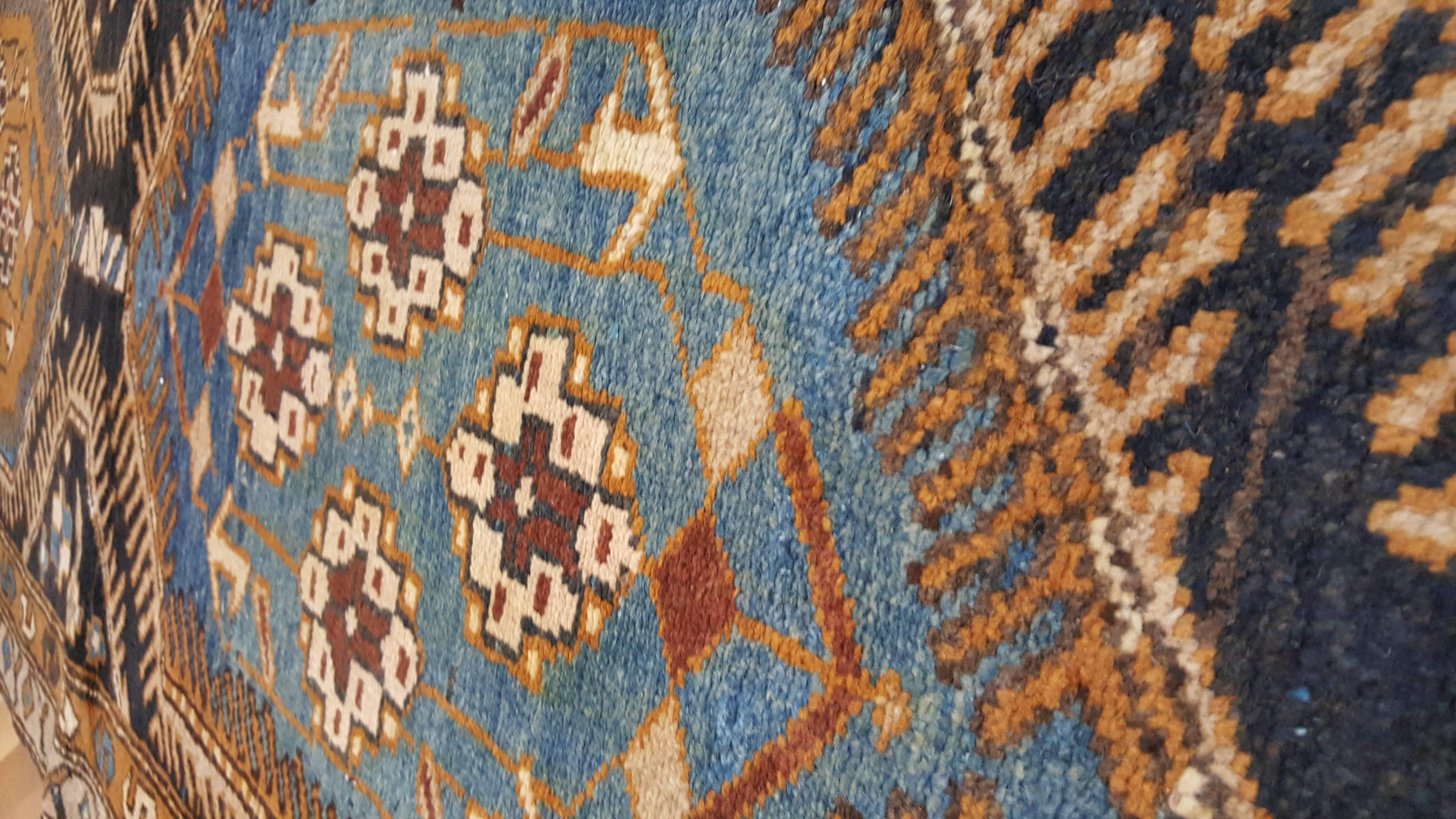 Antique Heriz Northwest Persian Runner, Handmade Rug, Navy, Light Blue, Saffron In Good Condition In Port Washington, NY