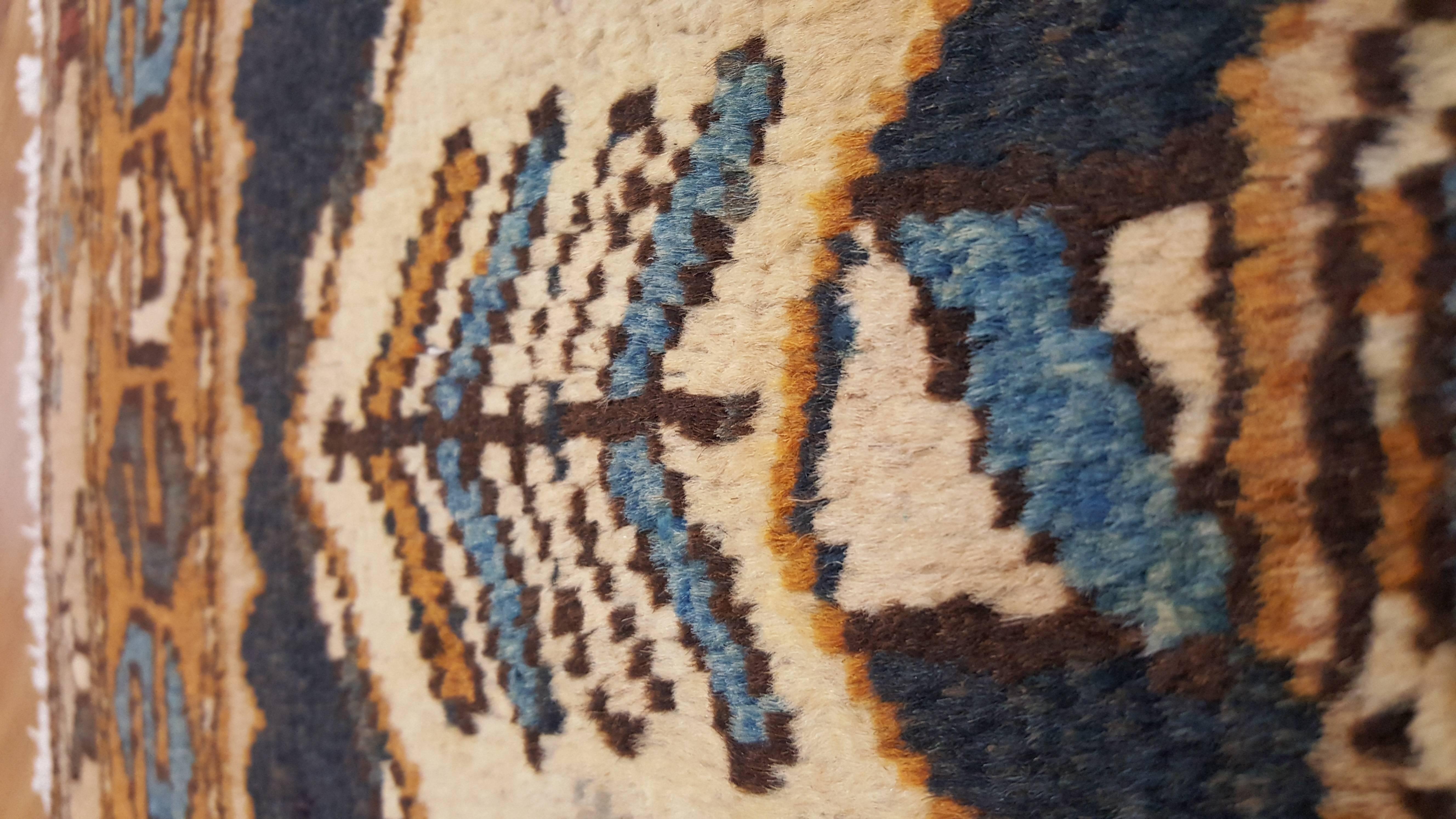 20th Century Antique Heriz Northwest Persian Runner, Handmade Rug, Navy, Light Blue, Saffron