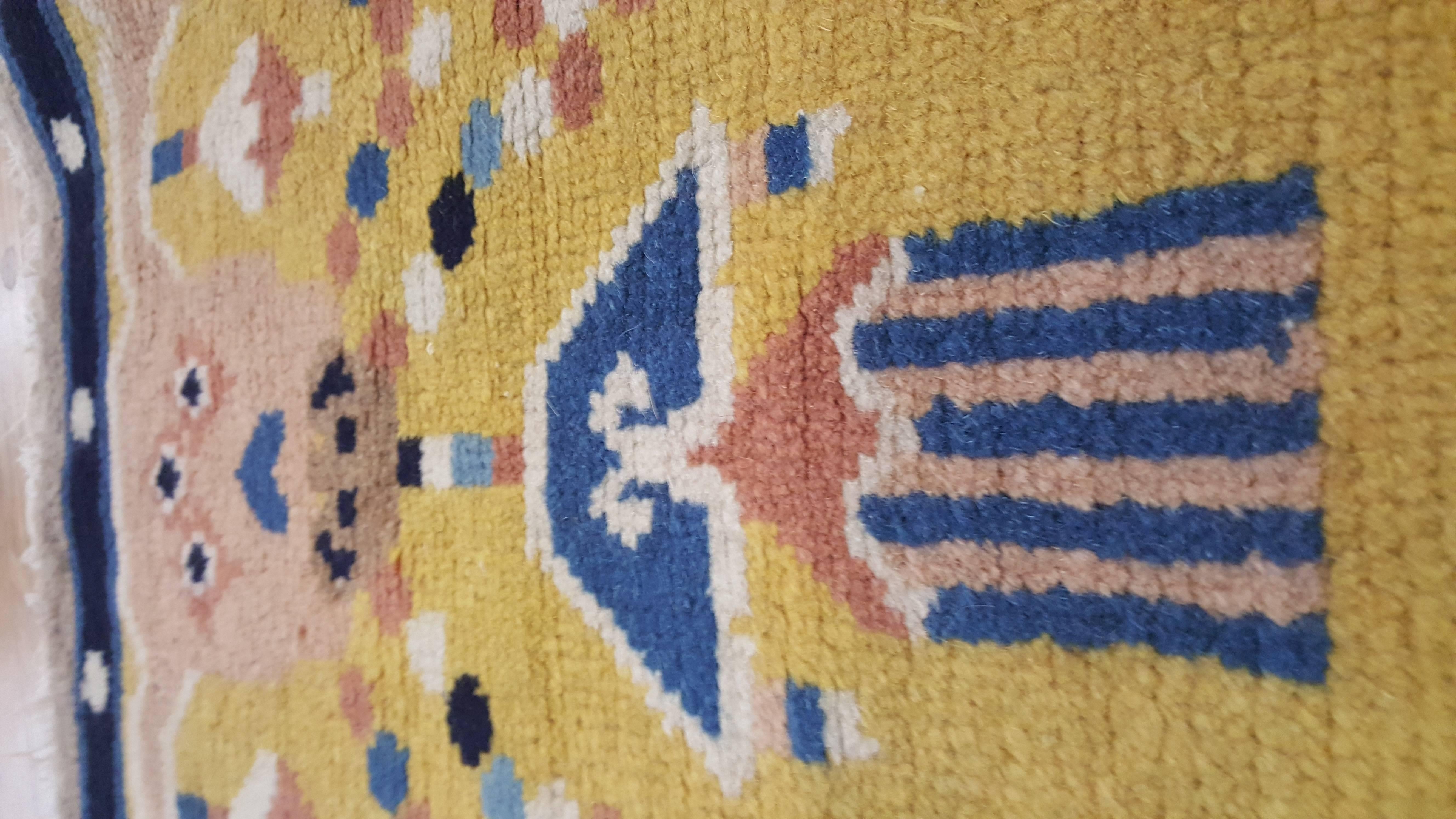 Hand-Knotted Antique Chinese Runner, Yellow and Blue Runner, Handmade Wool Rug
