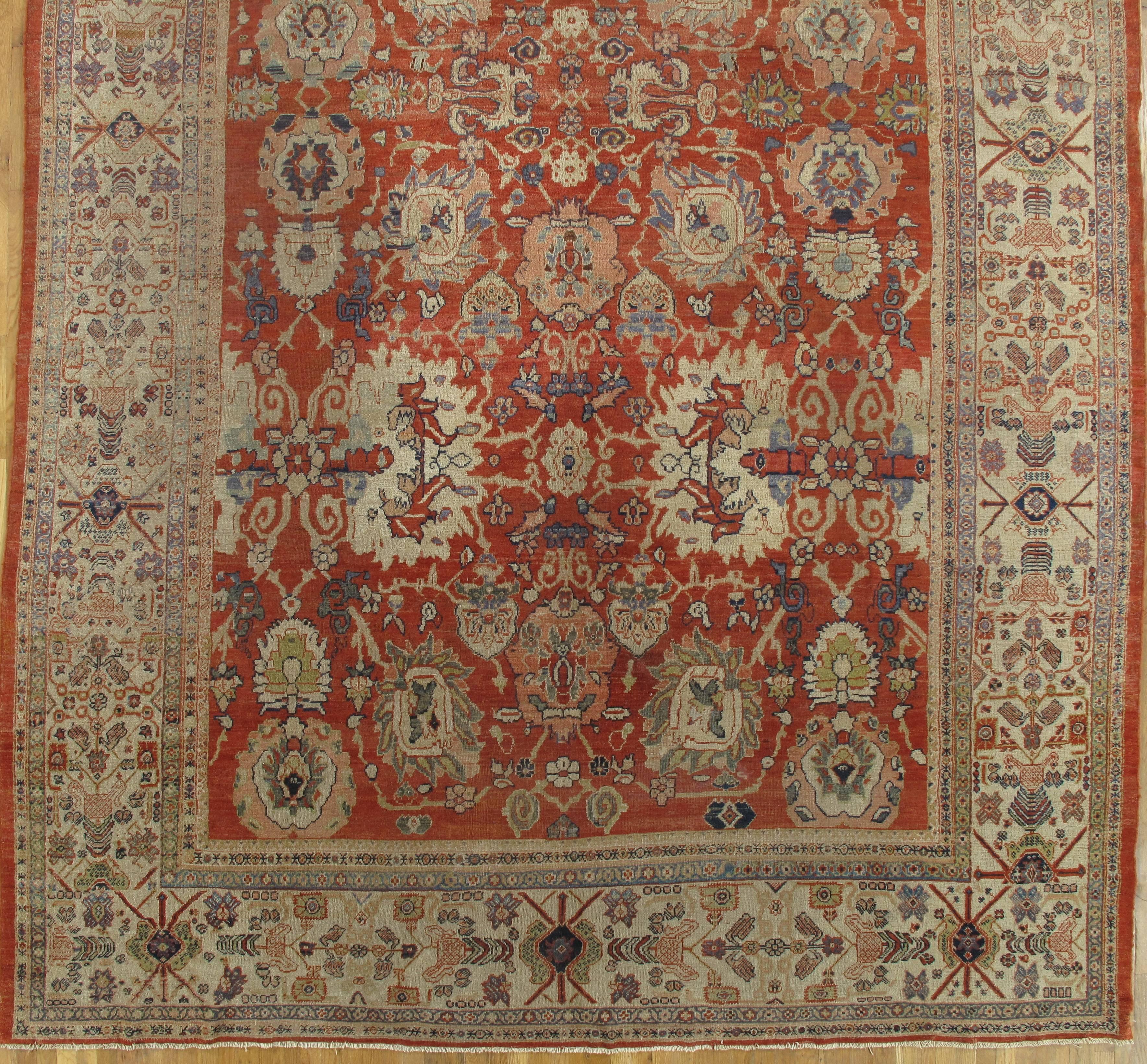 19th Century Antique Persian Sultanabad, Wool Handmade, Beige and Red Oriental Rug For Sale