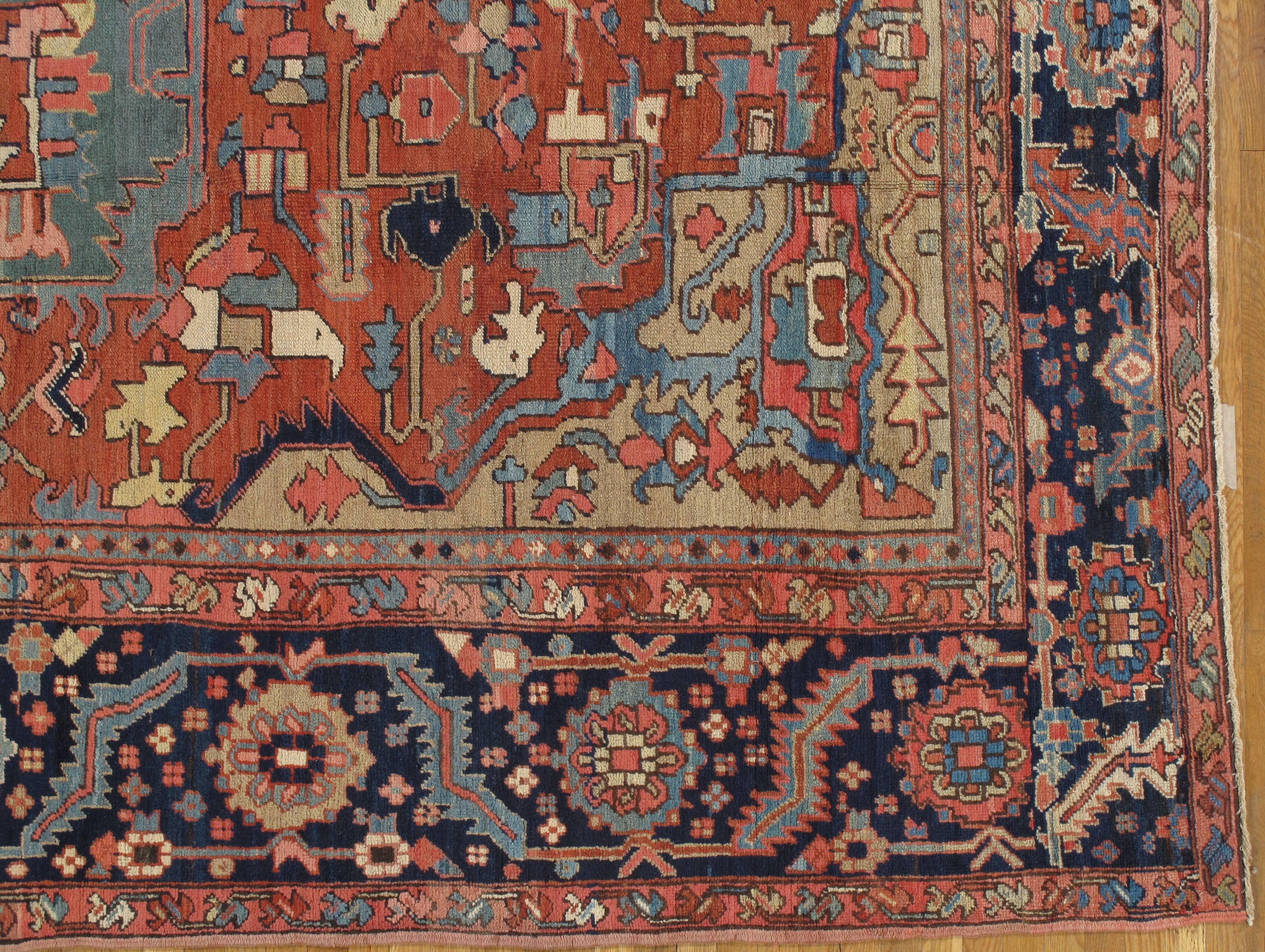 Hand-Knotted Antique Persian Heriz Carpet, Handmade Wool Oriental Rug, Rust, Navy, Light Blue
