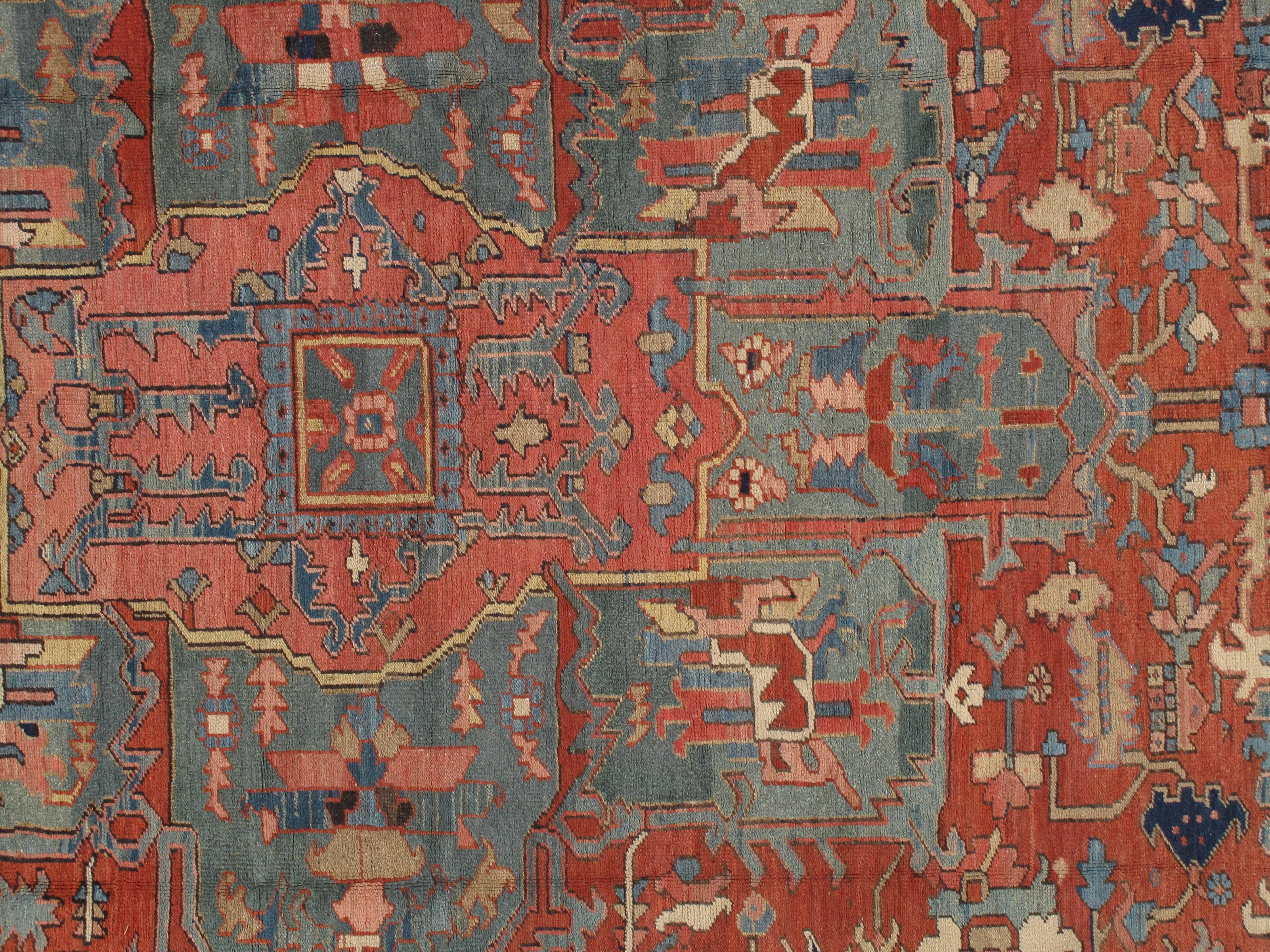Antique Persian Heriz Carpet, Handmade Wool Oriental Rug, Rust, Navy, Light Blue In Excellent Condition In Port Washington, NY