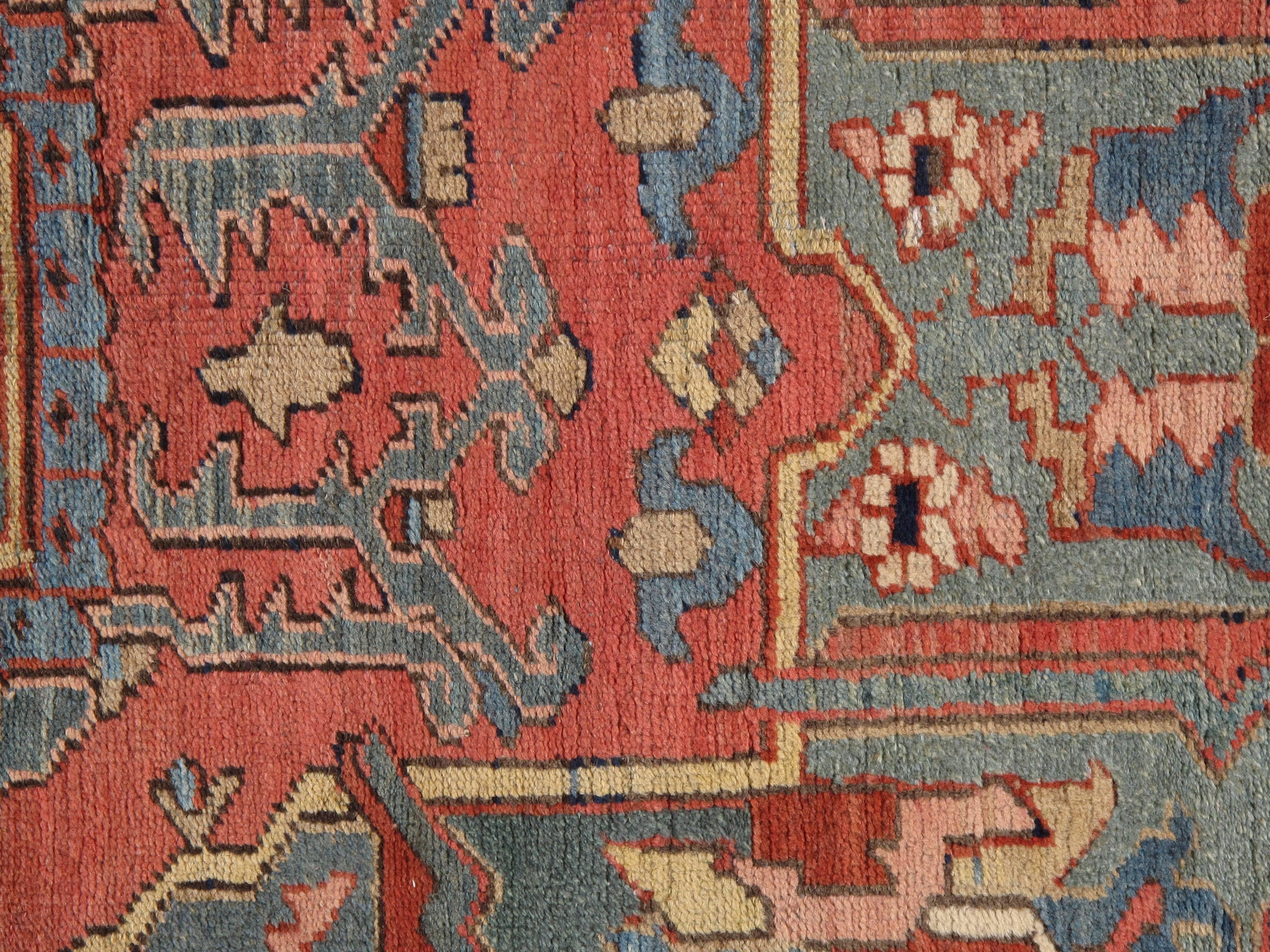 Early 20th Century Antique Persian Heriz Carpet, Handmade Wool Oriental Rug, Rust, Navy, Light Blue