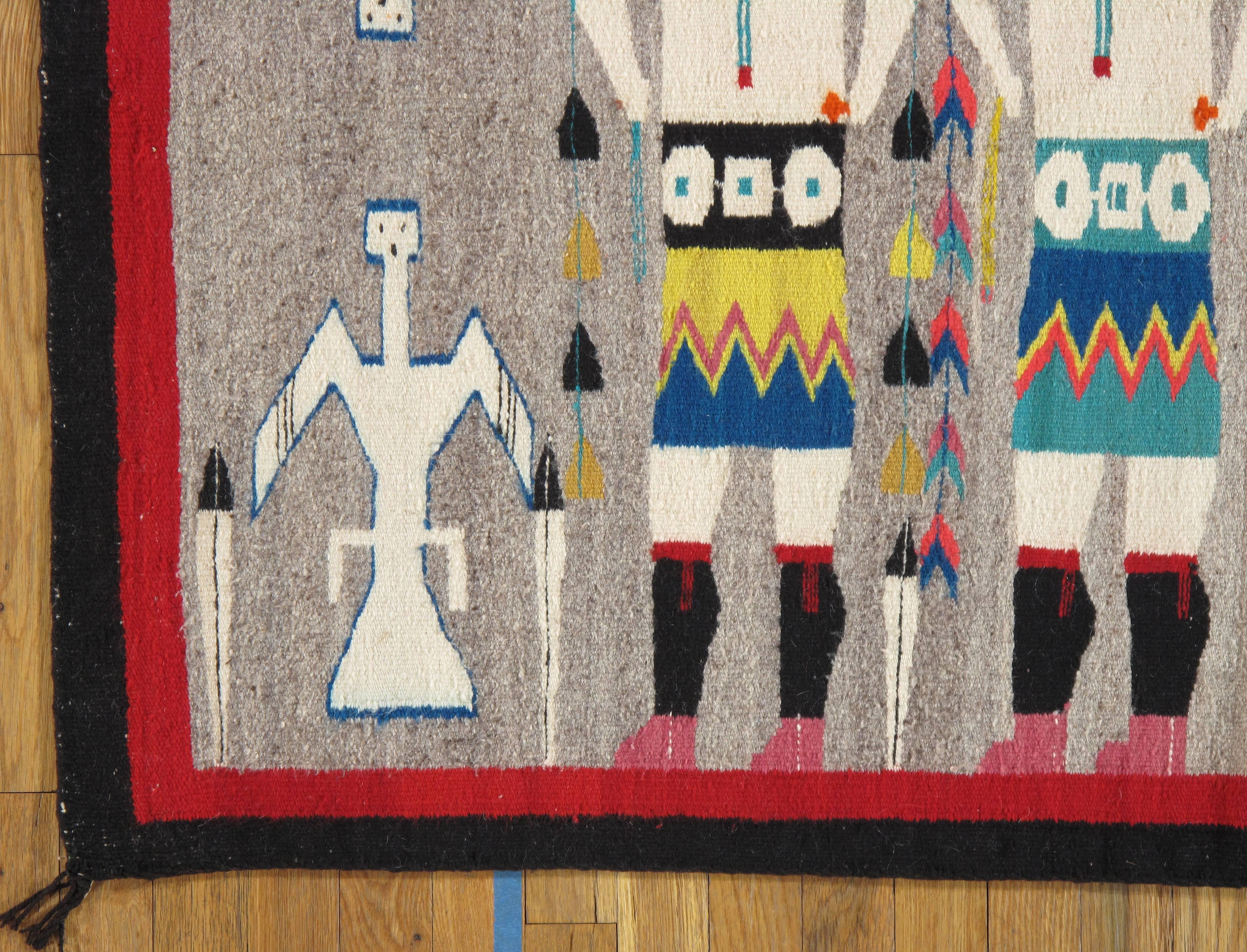 Américain Tapis Navajo Yei vintage, tapis oriental en laine fait à la main, couleur grise en vente