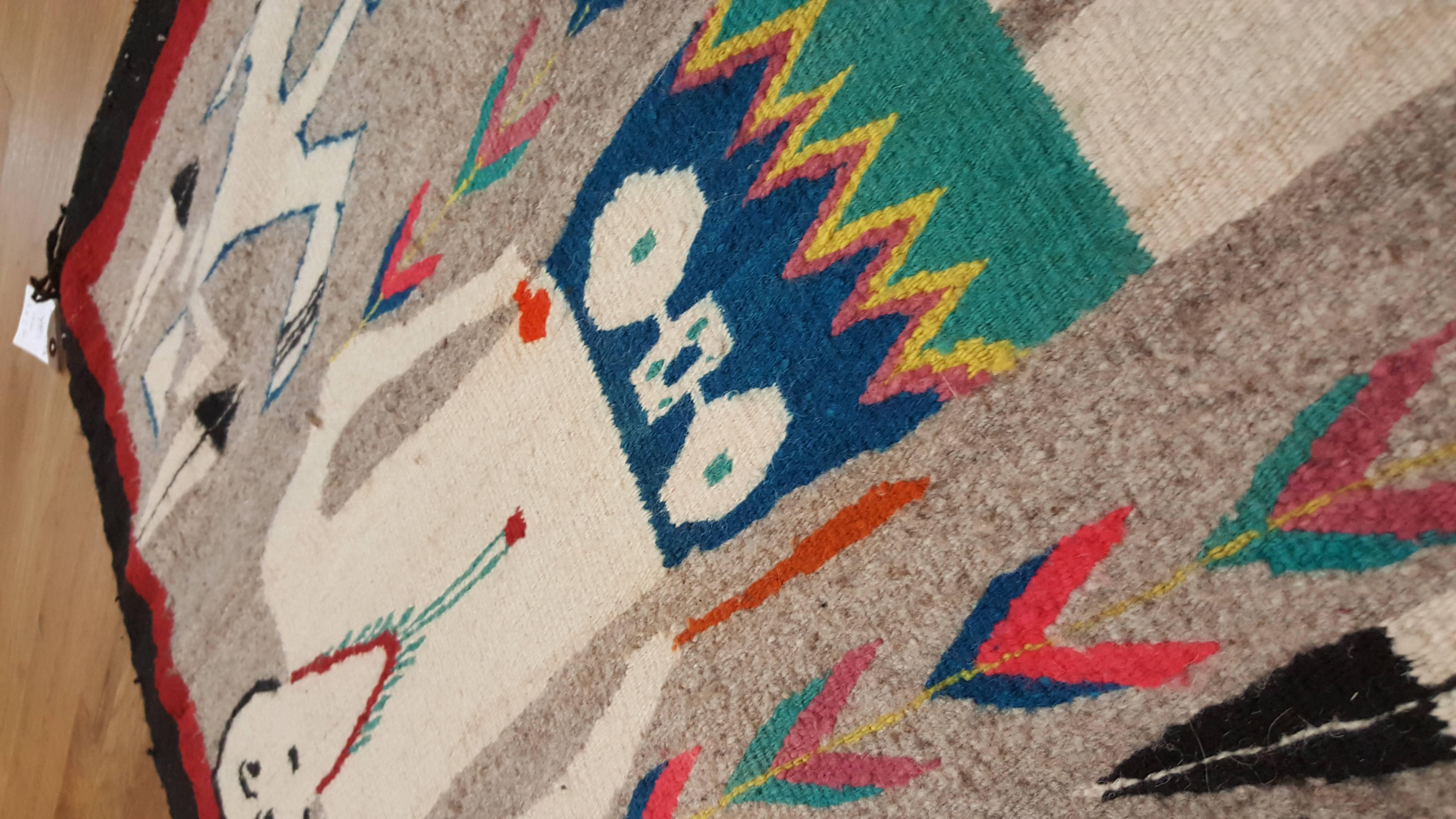 Hand-Knotted Vintage Navajo Yei Rug, Oriental Rug, Handmade Wool Rug, Gray Color For Sale