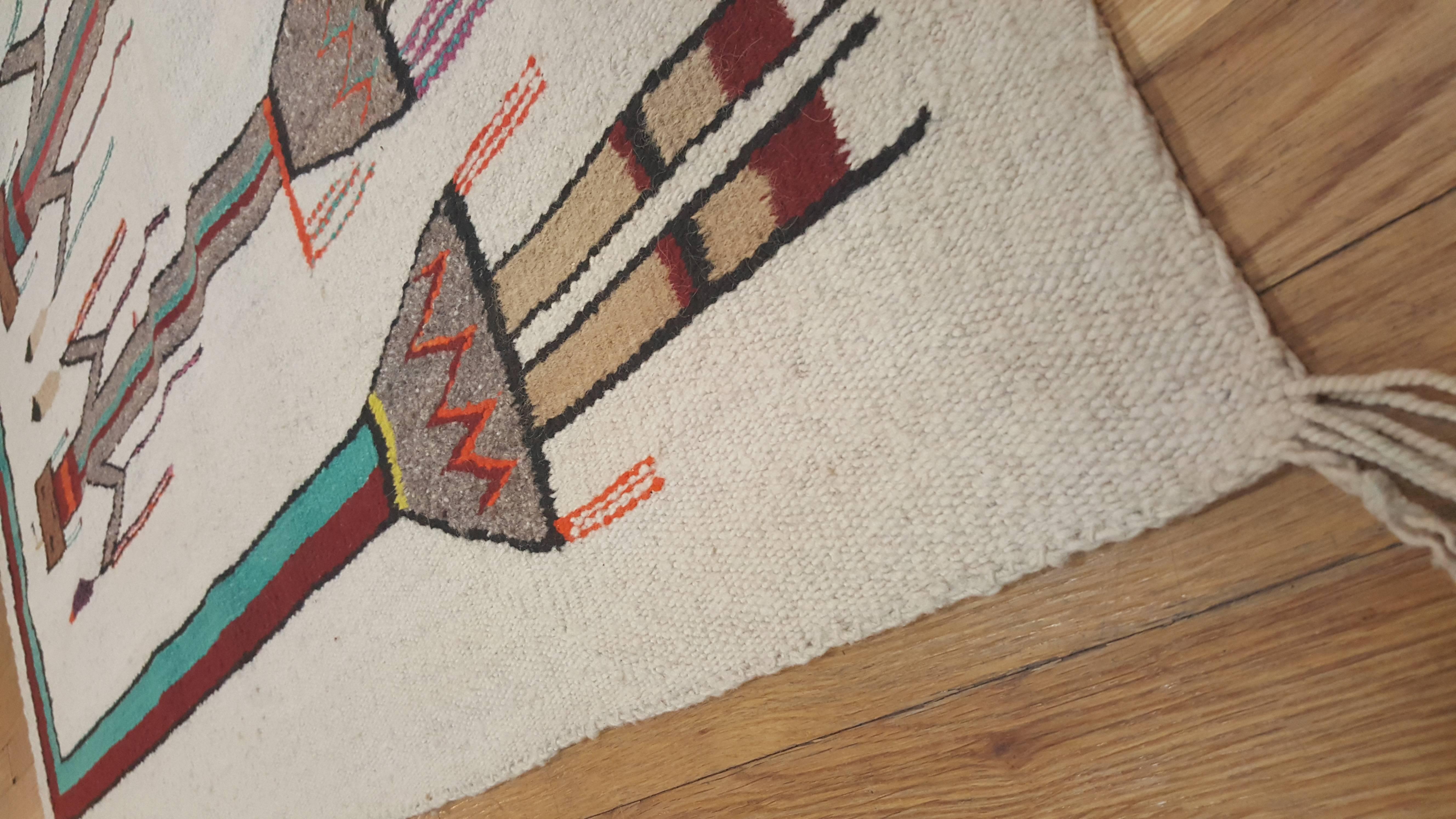 American Vintage Navajo Yei Rug, Oriental Rug, Handmade Wool Rug, White Color