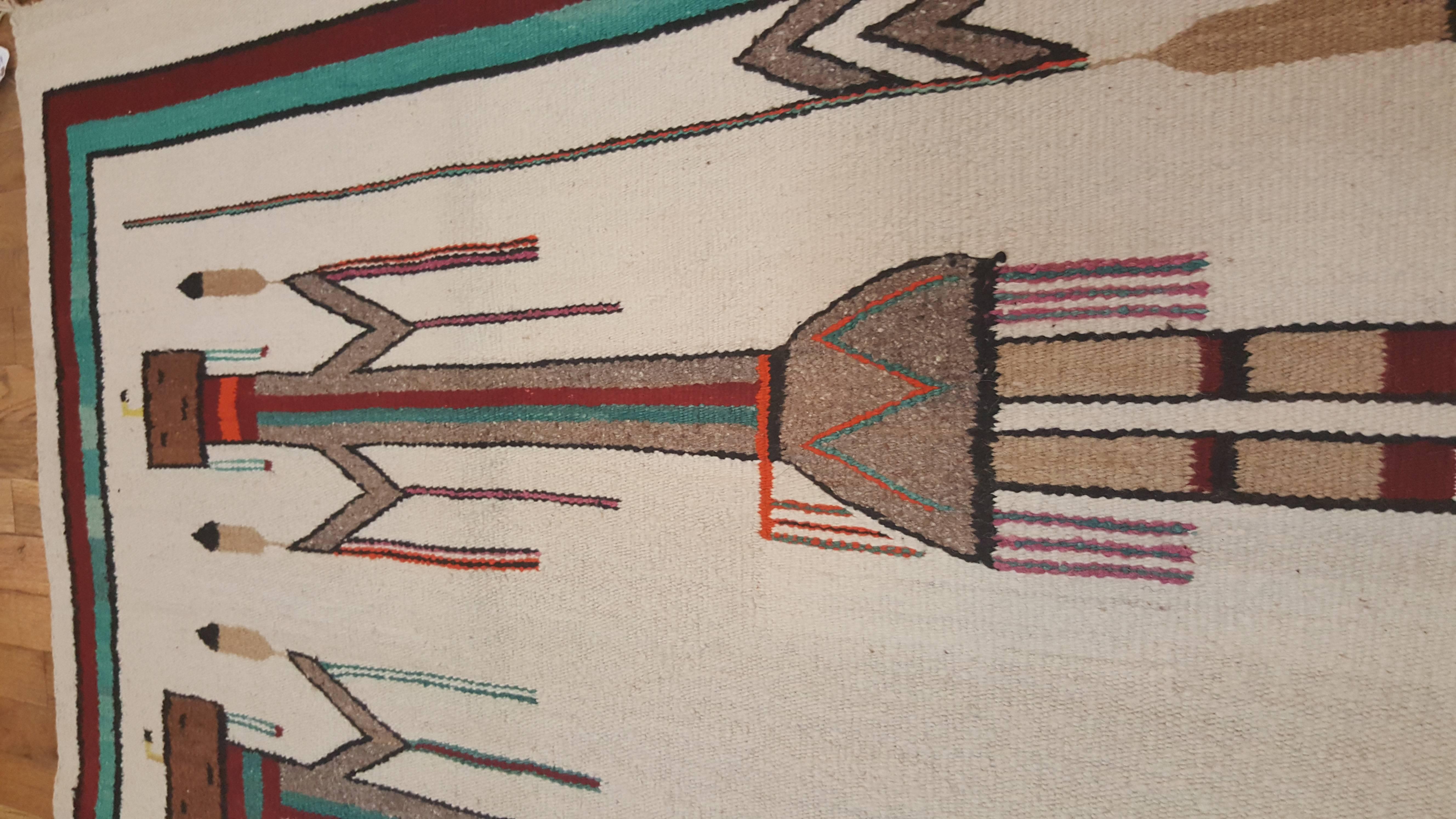 Vintage Navajo Yei Rug, Oriental Rug, Handmade Wool Rug, White Color In Excellent Condition In Port Washington, NY