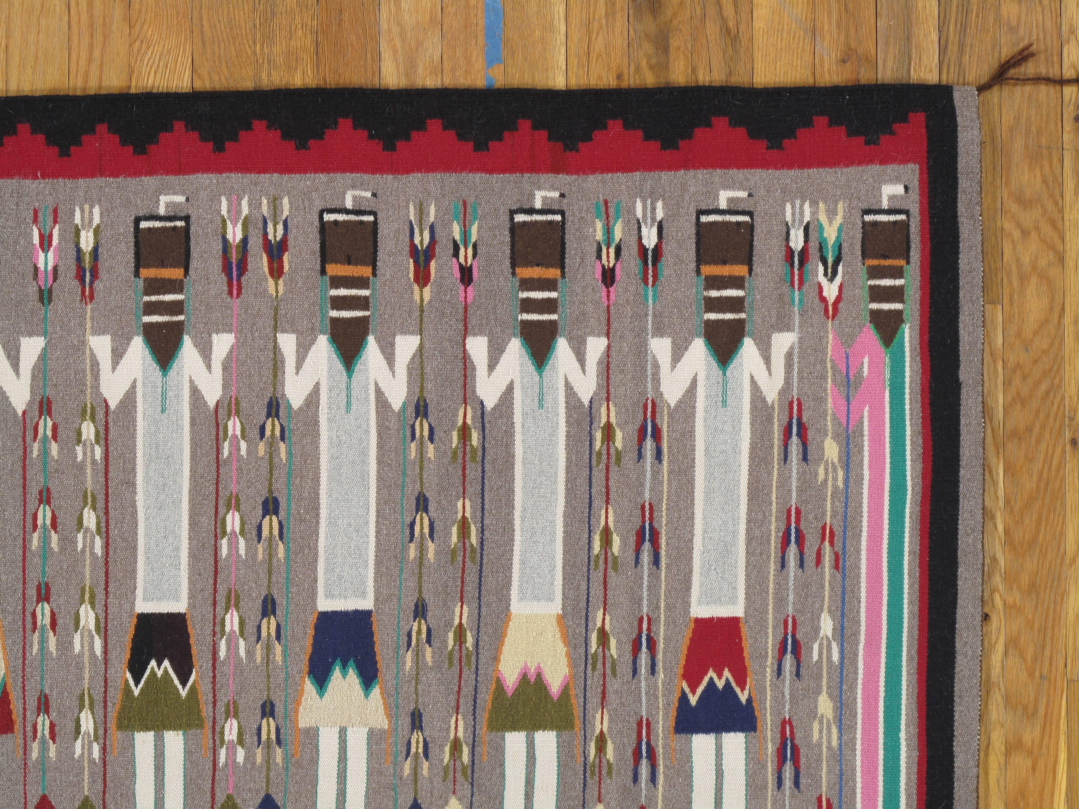 American Antique Navajo Yei Rug, Oriental Rug, Handmade Wool Rug, Gray Color