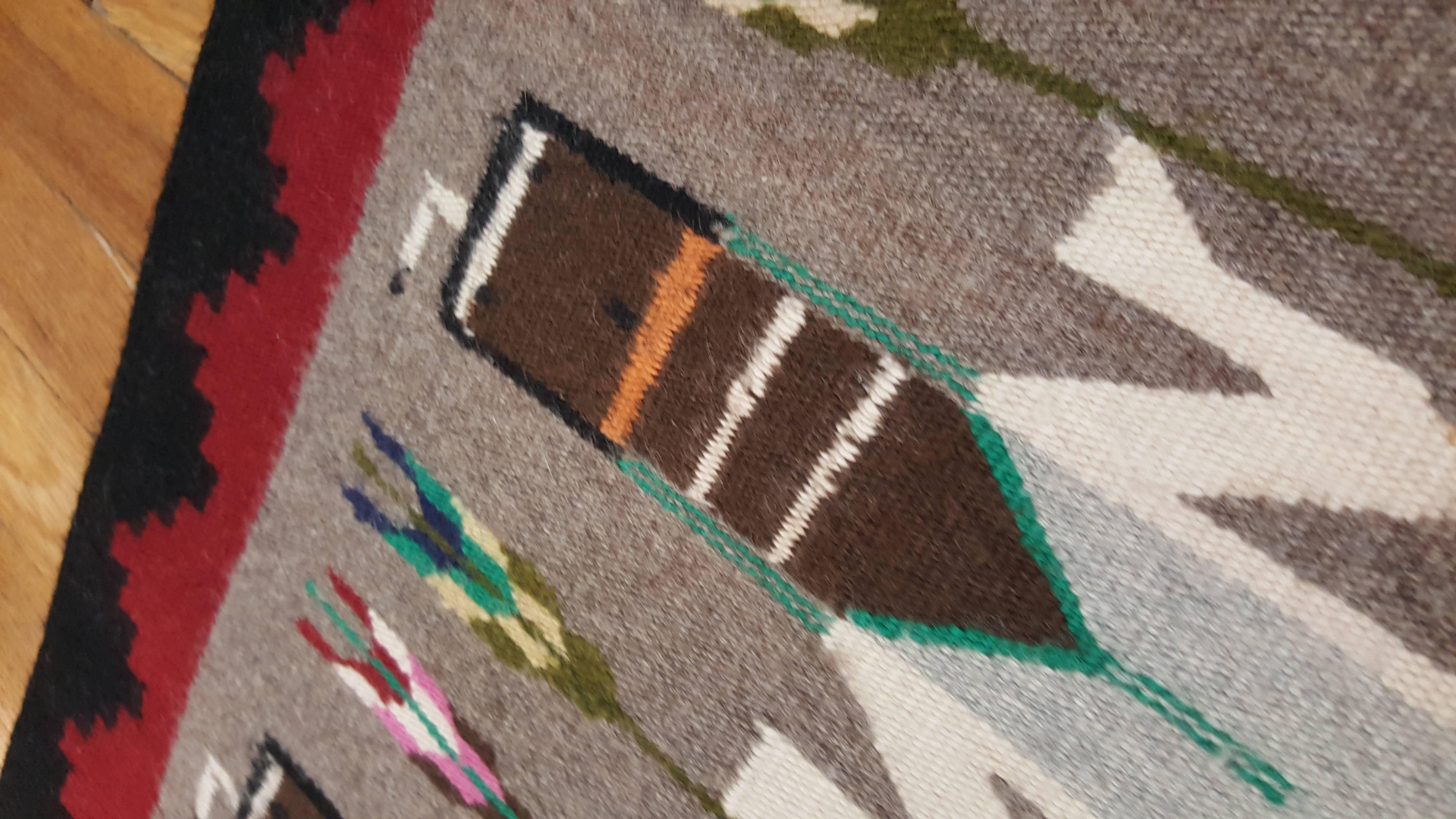 20th Century Antique Navajo Yei Rug, Oriental Rug, Handmade Wool Rug, Gray Color