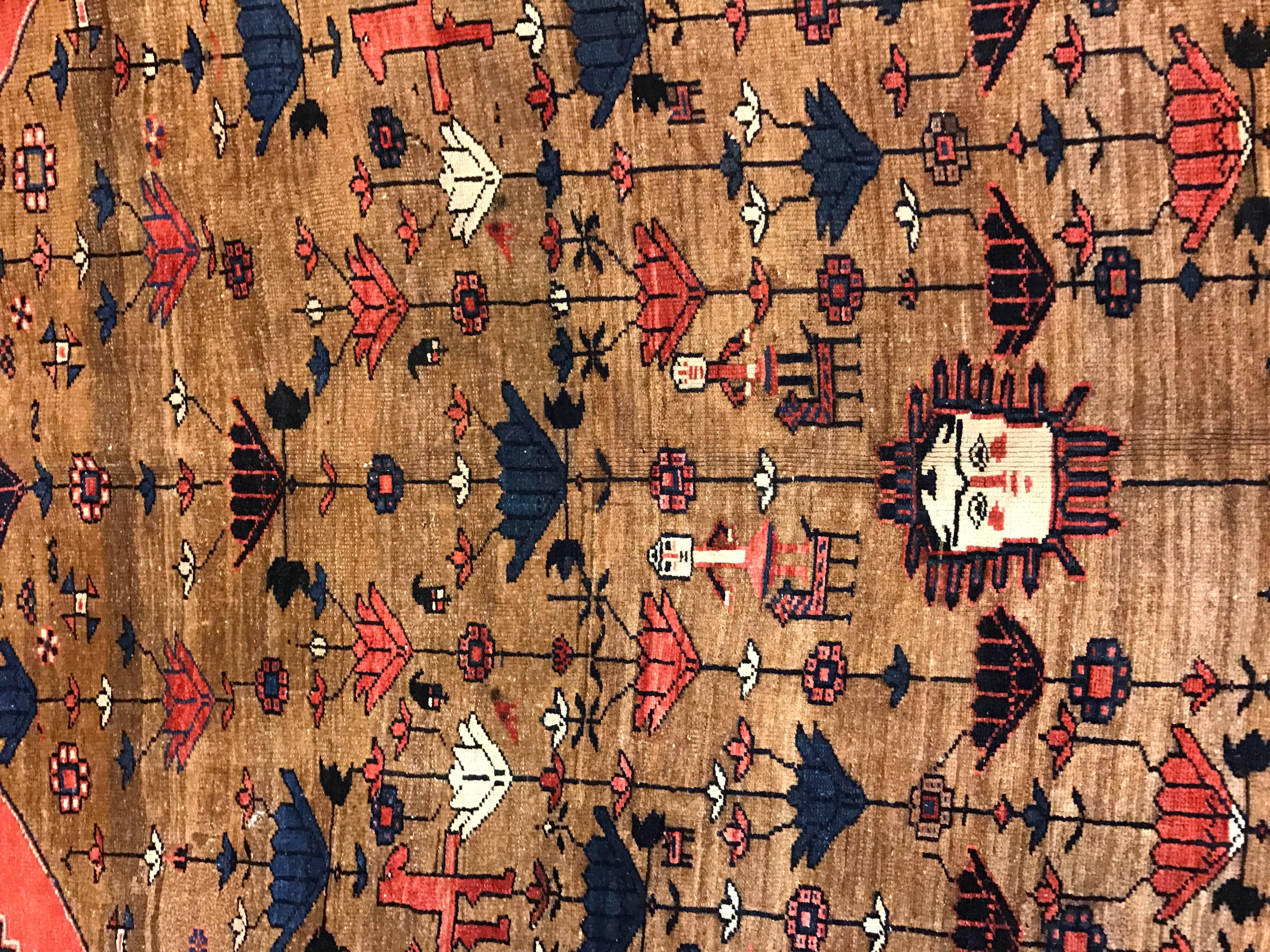 Antique Bakshaish Carpet, Oriental Persian Handmade in Brown, Blue and Red In Excellent Condition For Sale In Port Washington, NY