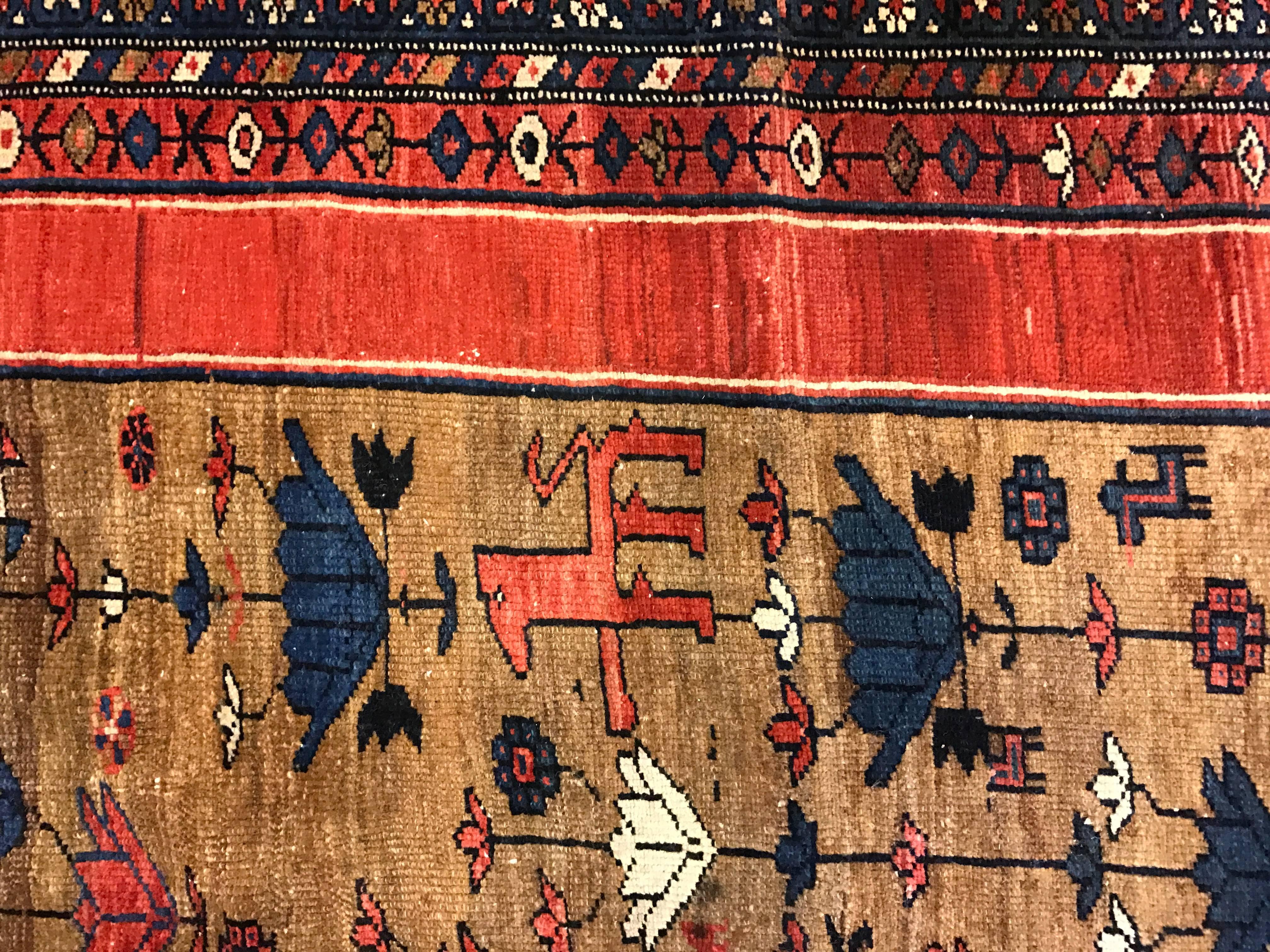 19th Century Antique Bakshaish Carpet, Oriental Persian Handmade in Brown, Blue and Red For Sale