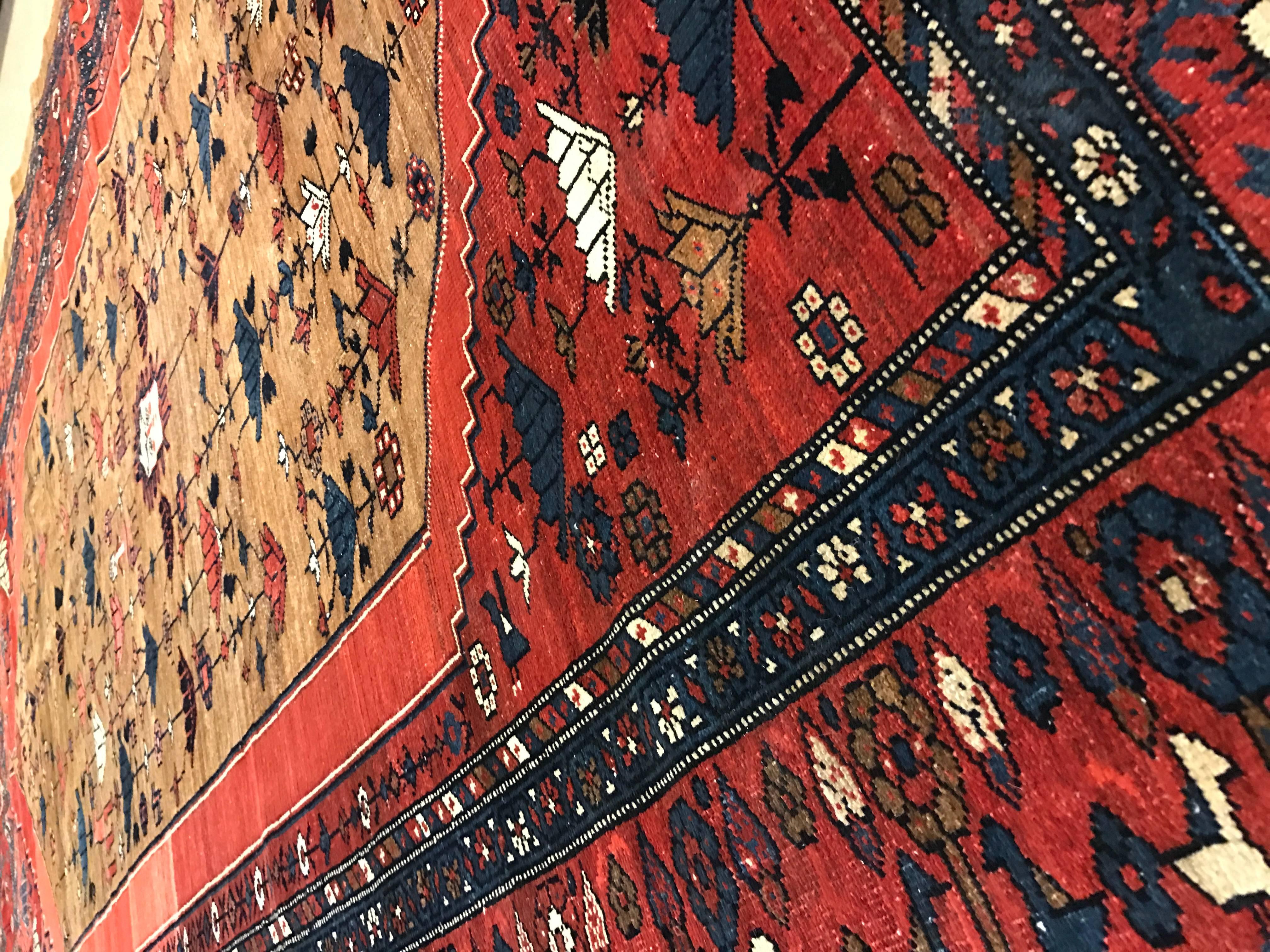 Antique Bakshaish Carpet, Oriental Persian Handmade in Brown, Blue and Red For Sale 1