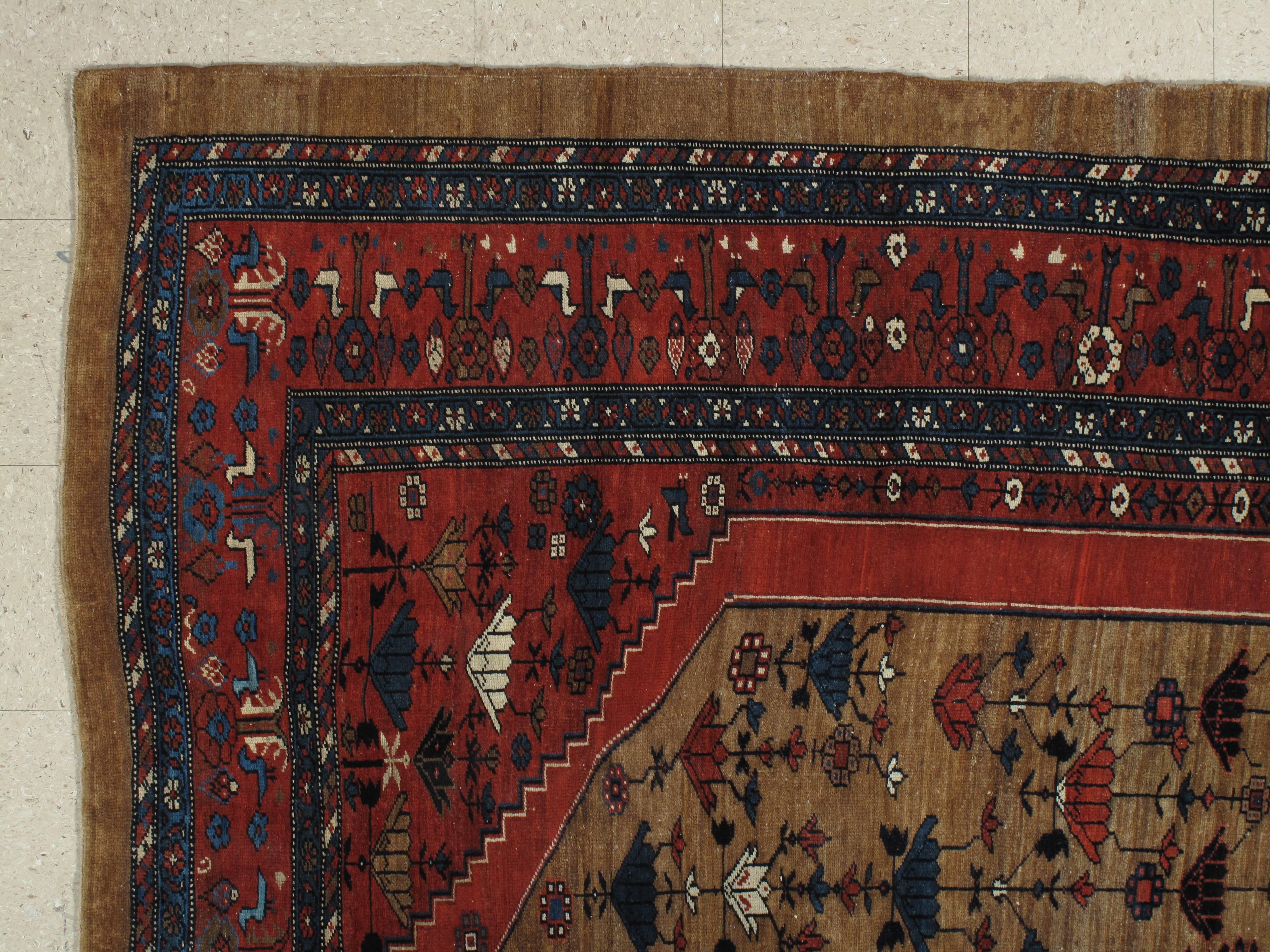 Antique Bakshaish Carpet, Oriental Persian Handmade in Brown, Blue and Red For Sale 3