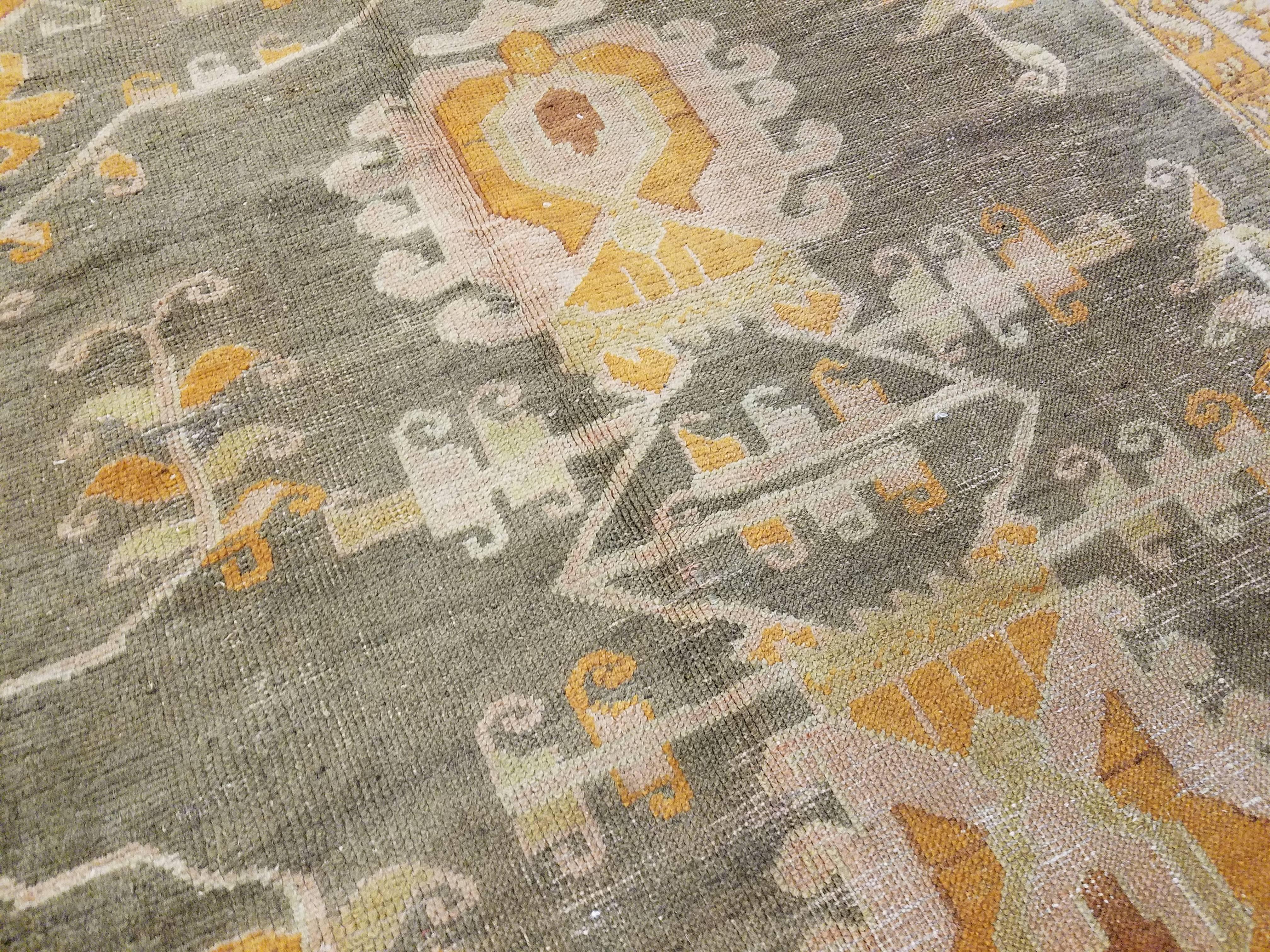 Turkish Antique Oushak Carpet, Oriental Rug, Handmade Grey, Ivory, Saffron For Sale