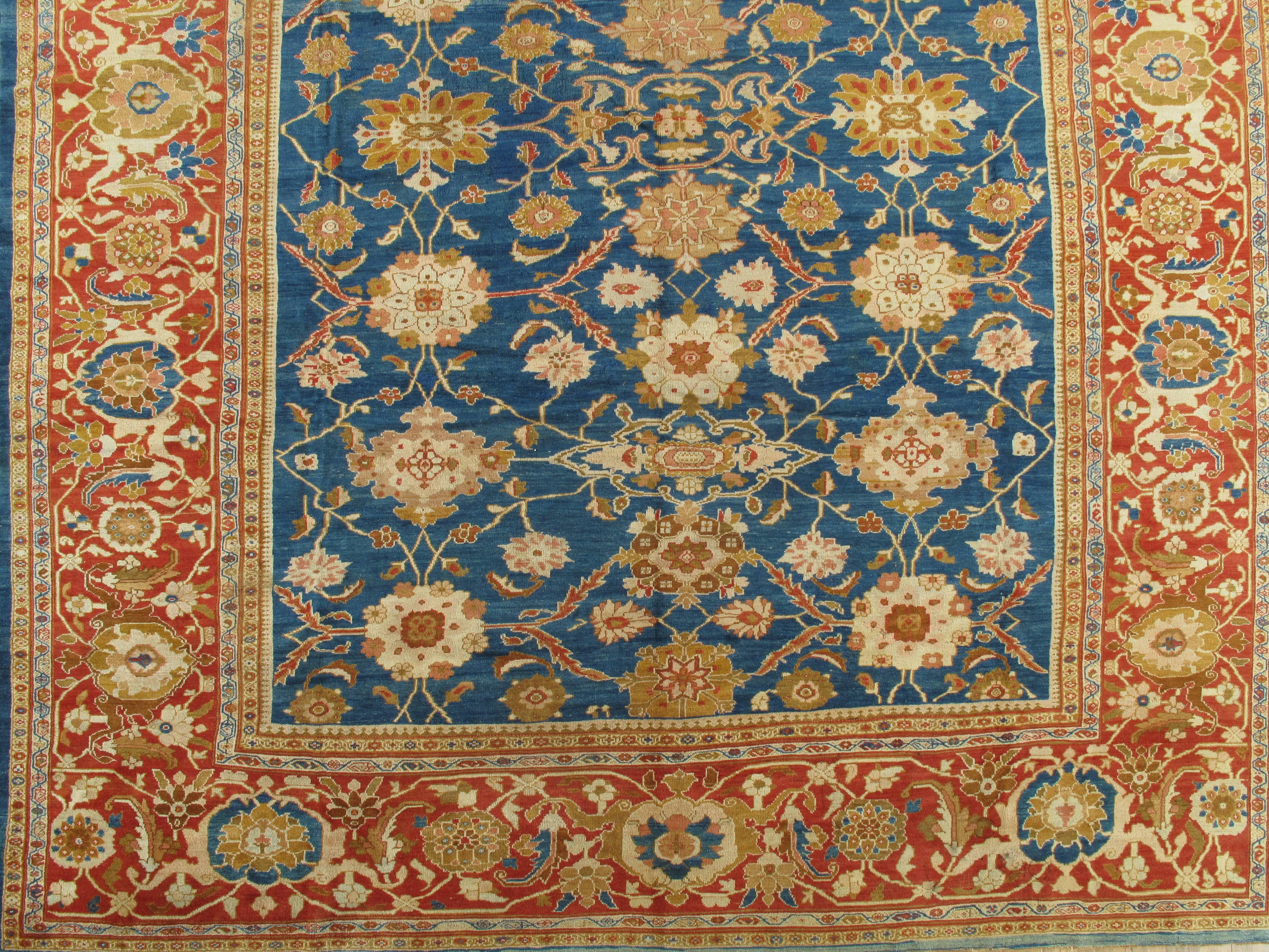 Hand-Knotted Antique Persian Sultanabad Carpet, Handmade Oriental Rug, Light Blue, Gold Coral For Sale