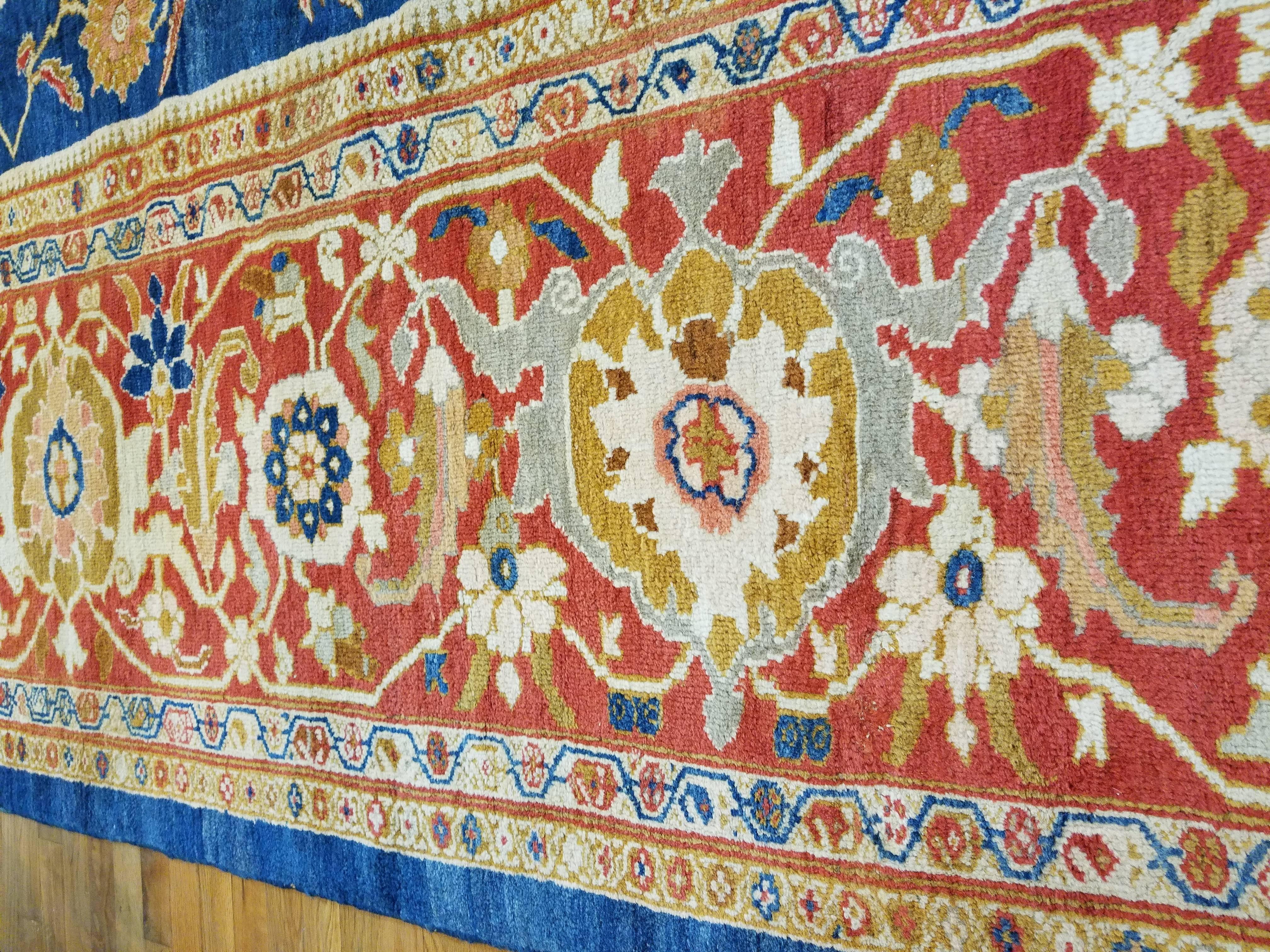 Late 19th Century Antique Persian Sultanabad Carpet, Handmade Oriental Rug, Light Blue, Gold Coral For Sale