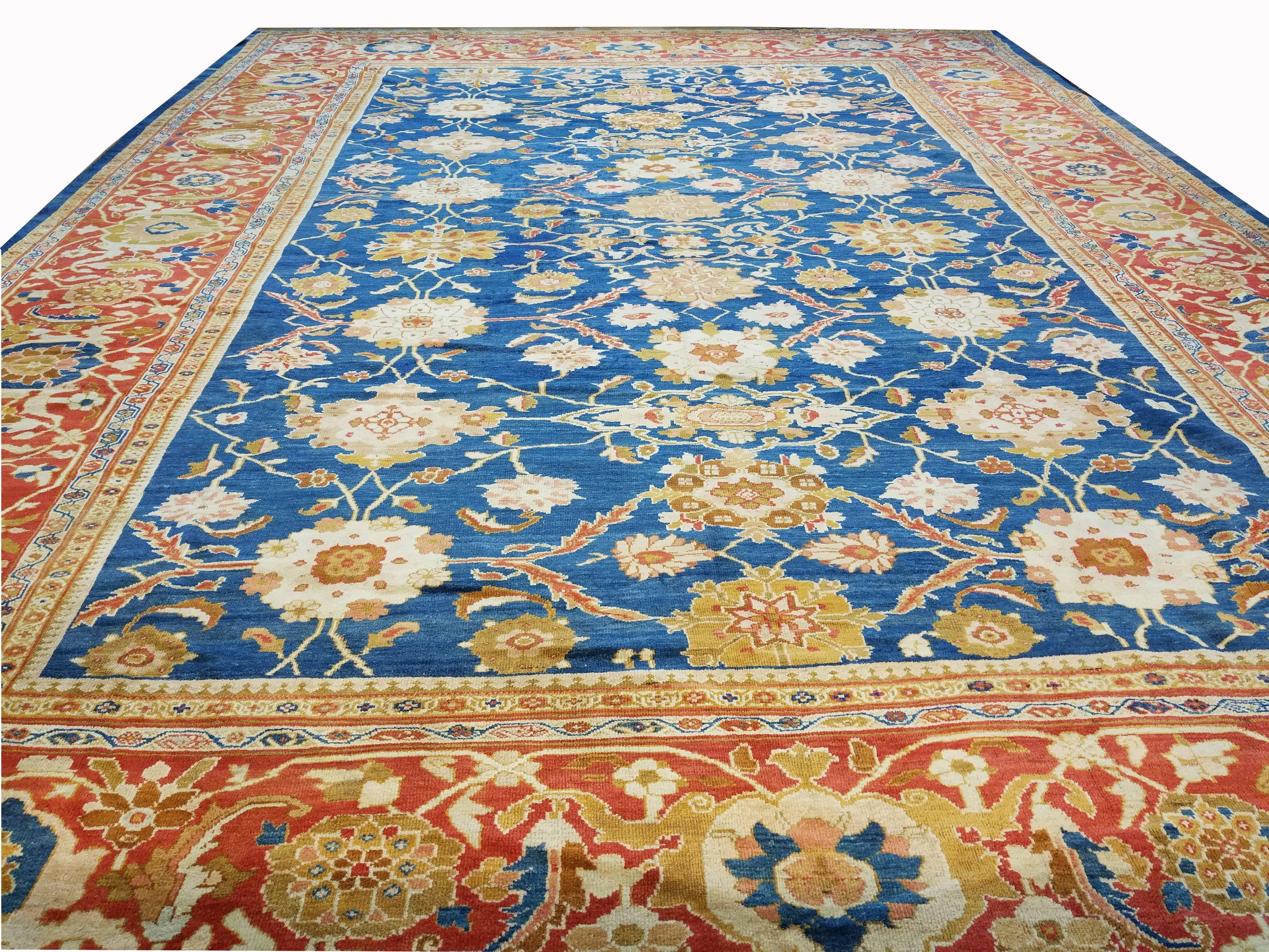 Antique Persian Sultanabad Carpet, Handmade Oriental Rug, Light Blue, Gold Coral For Sale 1