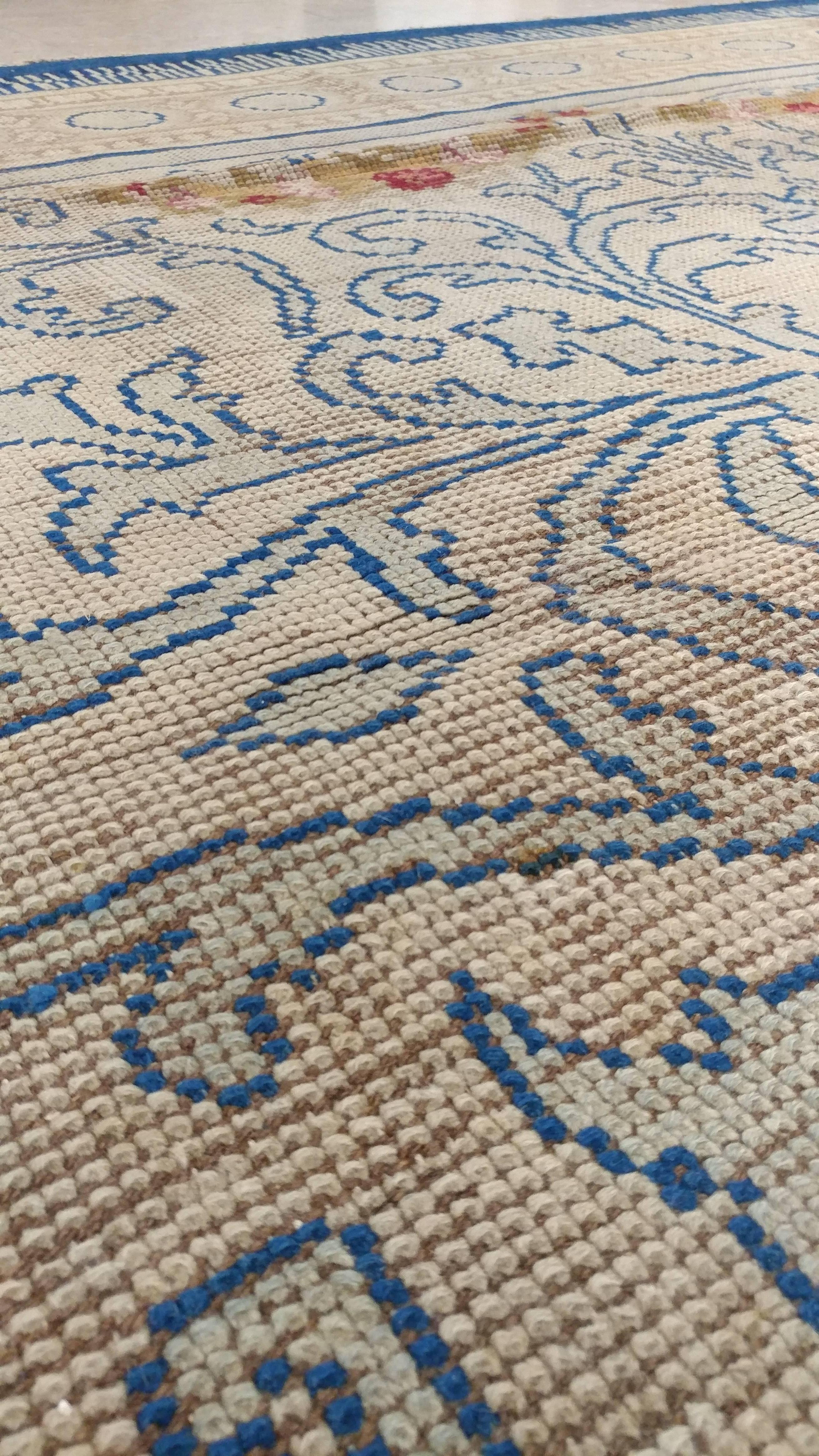 Antique English Carpet, Finely Woven Blue Cream Carpet, Blue Rug, Hand-Knotted 1