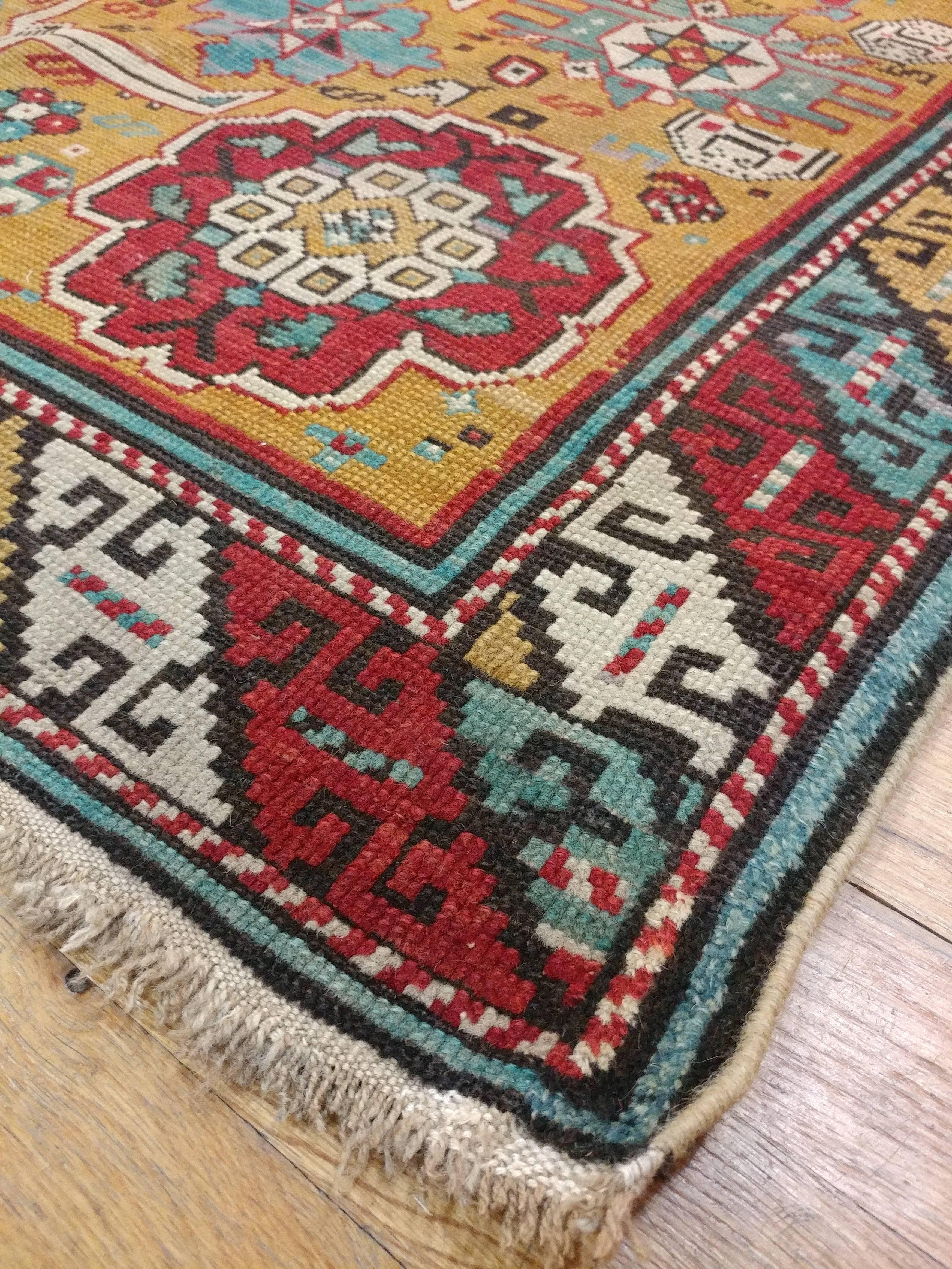 Hand-Knotted Antique Yellow Kuba Rug, Handmade Gold Rug, Fine Collectable Caucasian Rug