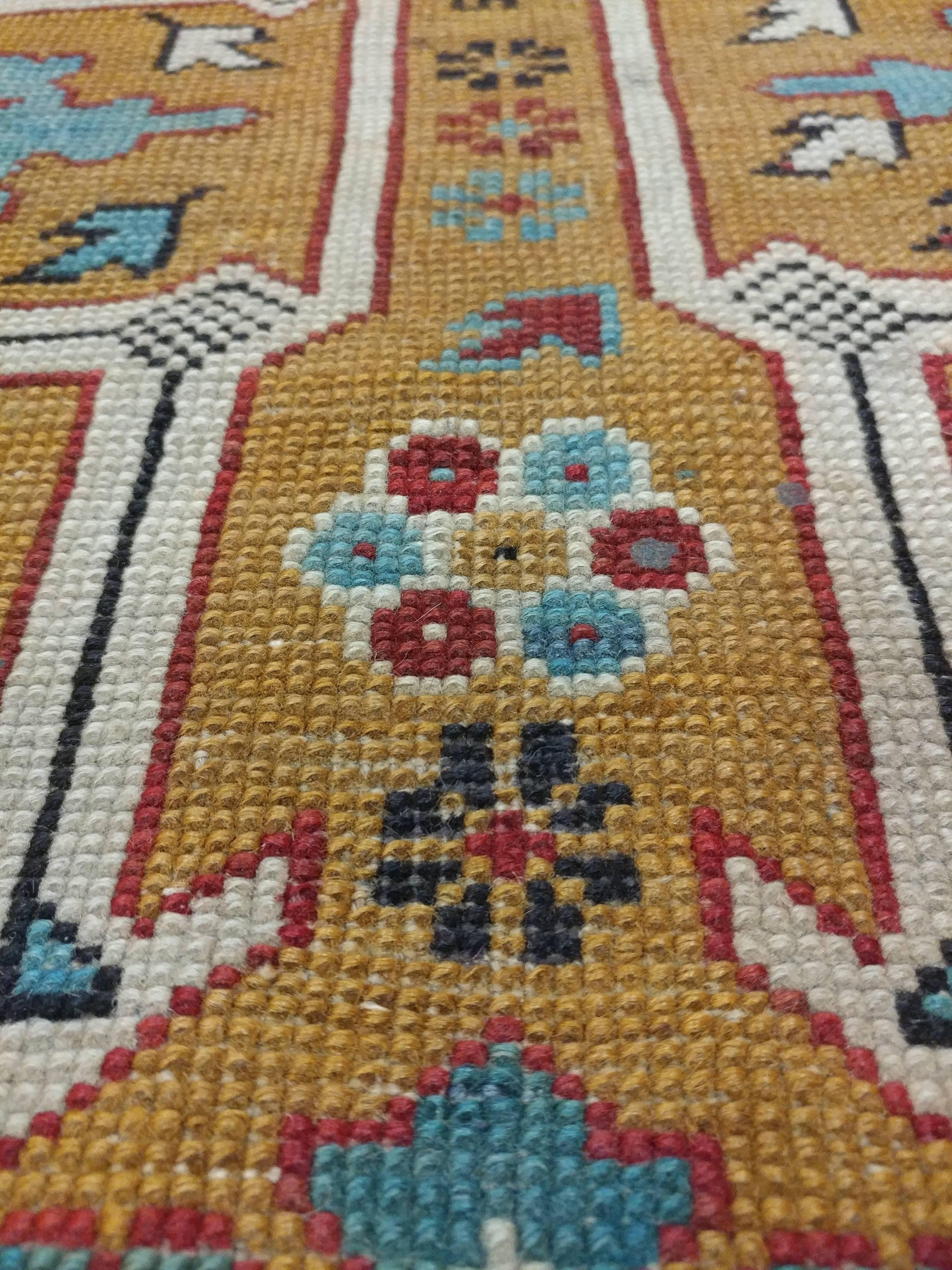 Antique Yellow Kuba Rug, Handmade Gold Rug, Fine Collectable Caucasian Rug In Excellent Condition In Port Washington, NY
