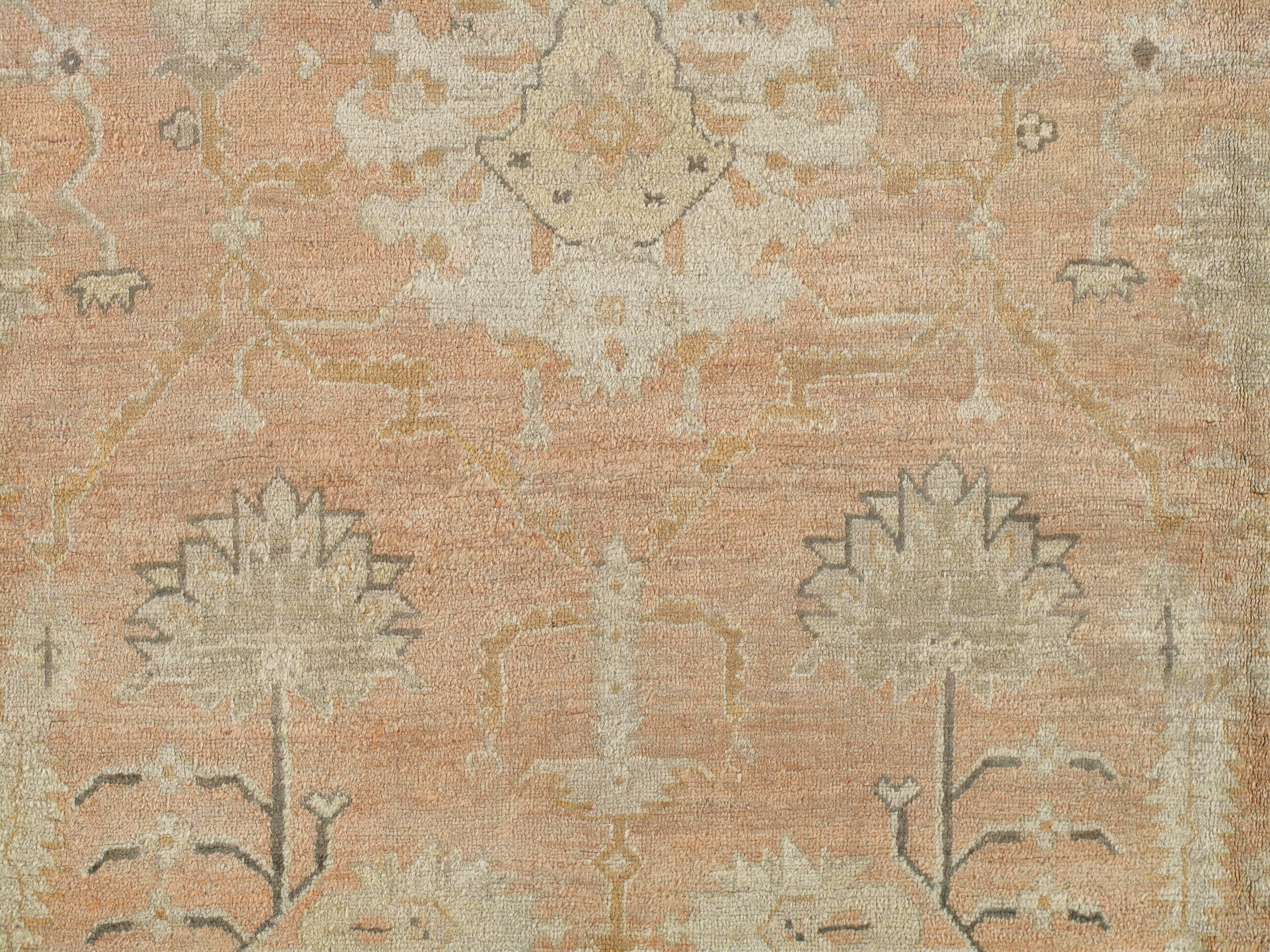 Hand-Knotted Antique Oushak Carpet, Turkish Rugs, Handmade Oriental Rugs, Pink Ivory Fine Rug