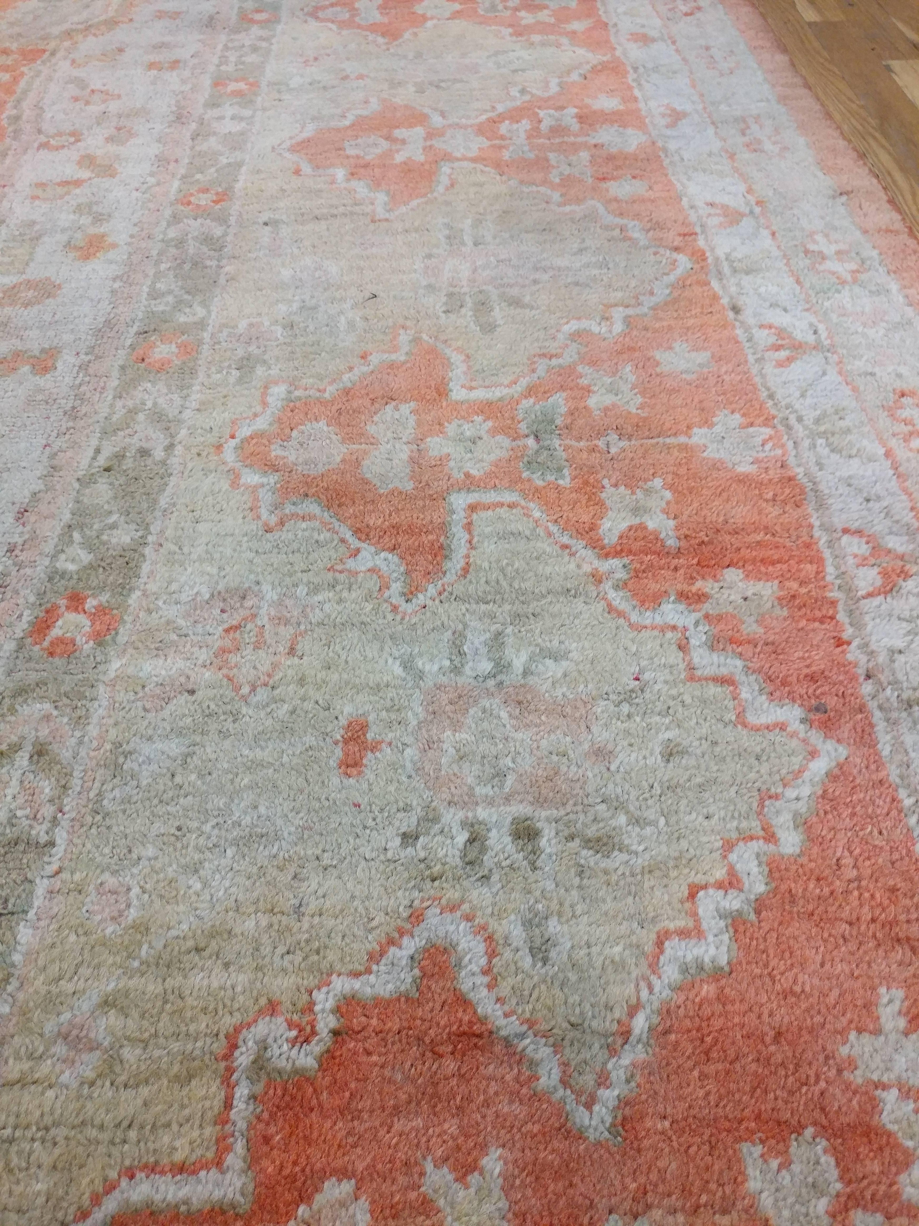 19th Century Antique Oushak Carpet, Turkish Rugs, Handmade Oriental Rugs, Ivory Coral Taupe