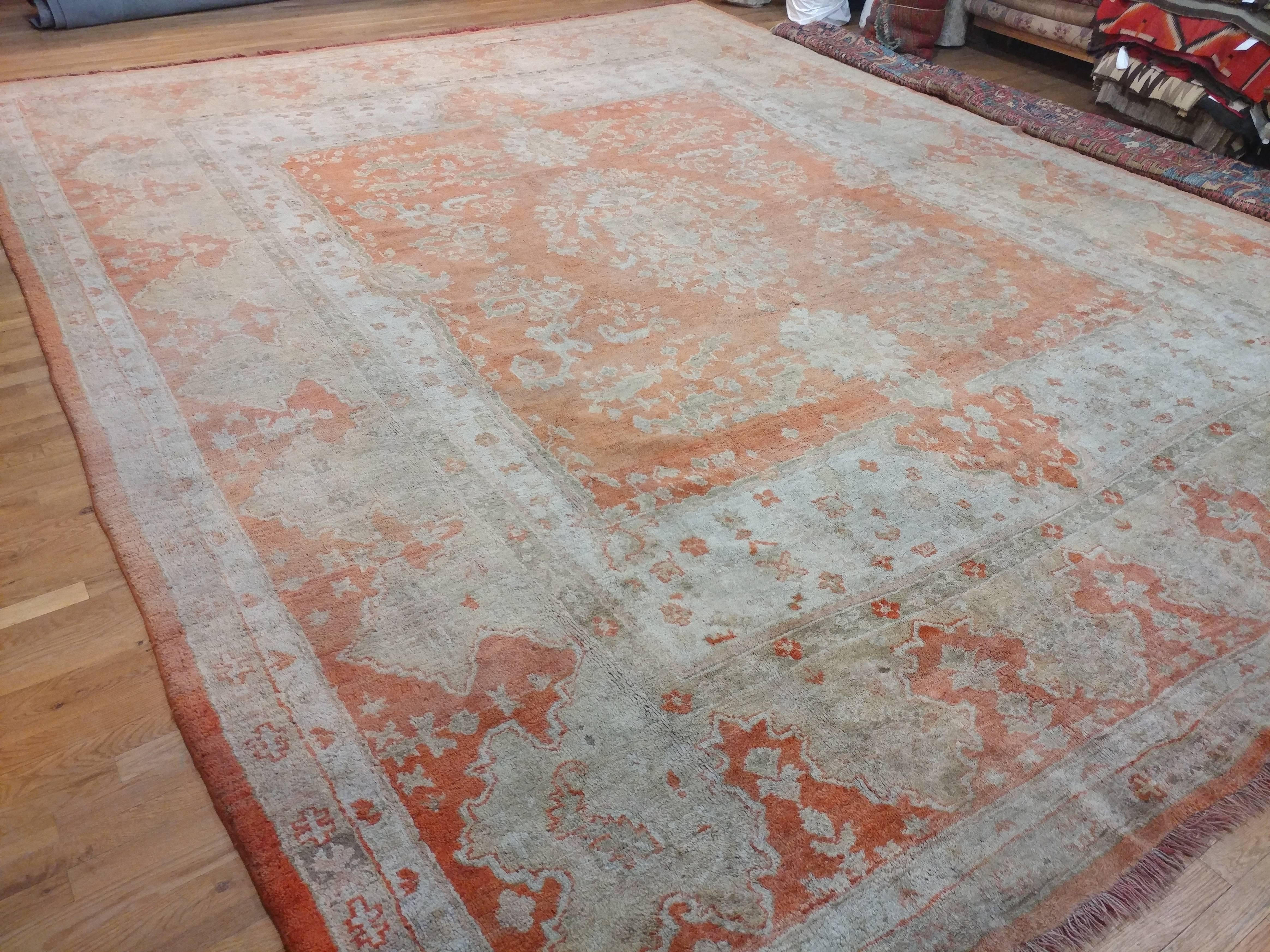 Antique Oushak Carpet, Turkish Rugs, Handmade Oriental Rugs, Ivory Coral Taupe 2
