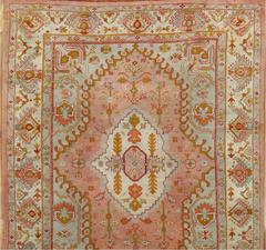 Antique Oushak Carpet, Turkish Rugs, Handmade Oriental Rug Pink Blue Green Coral