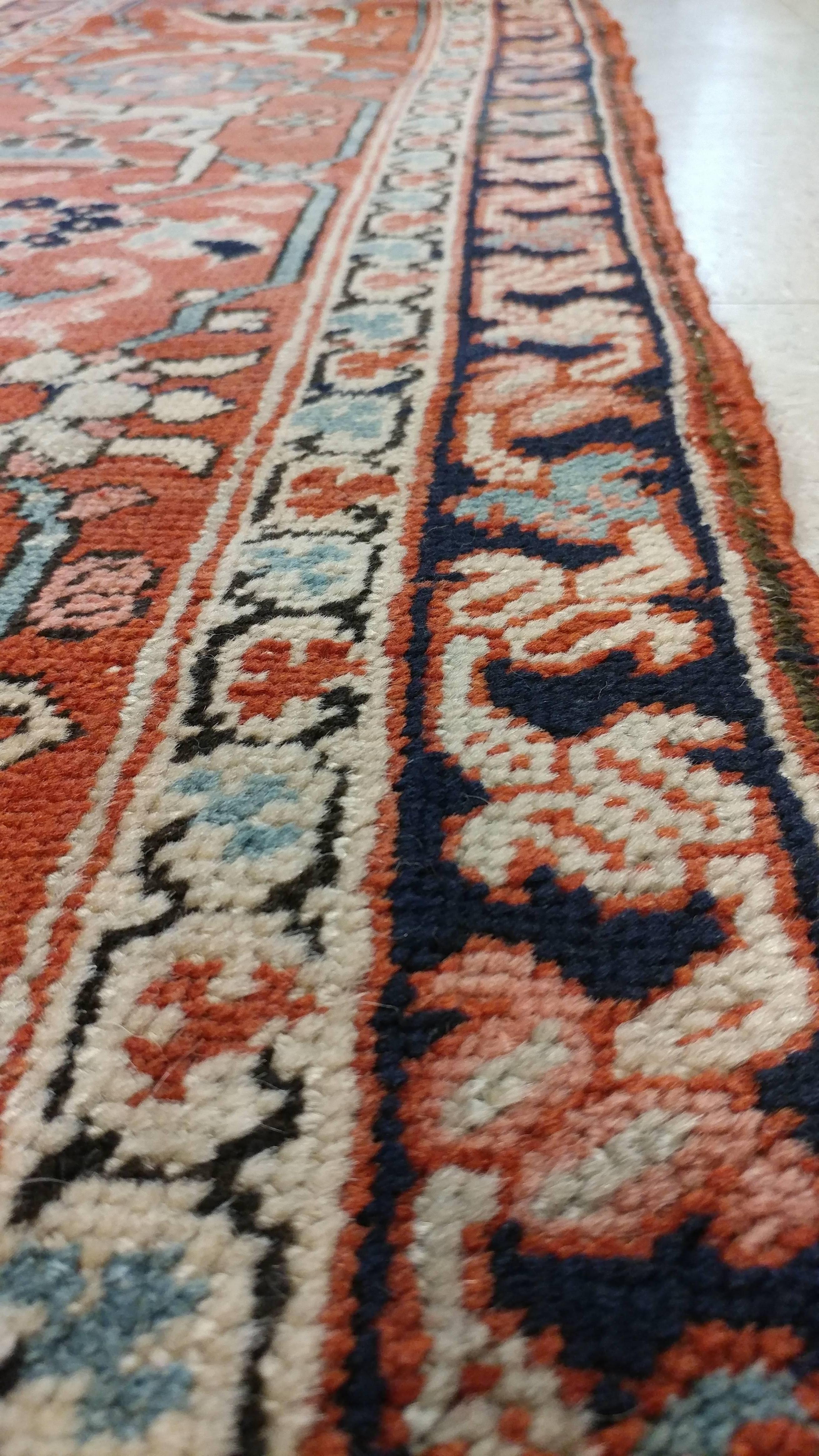 Late 19th Century Antique Persian Serapi Carpet, Handmade Wool Oriental Rug, Ivory and Light Blue For Sale