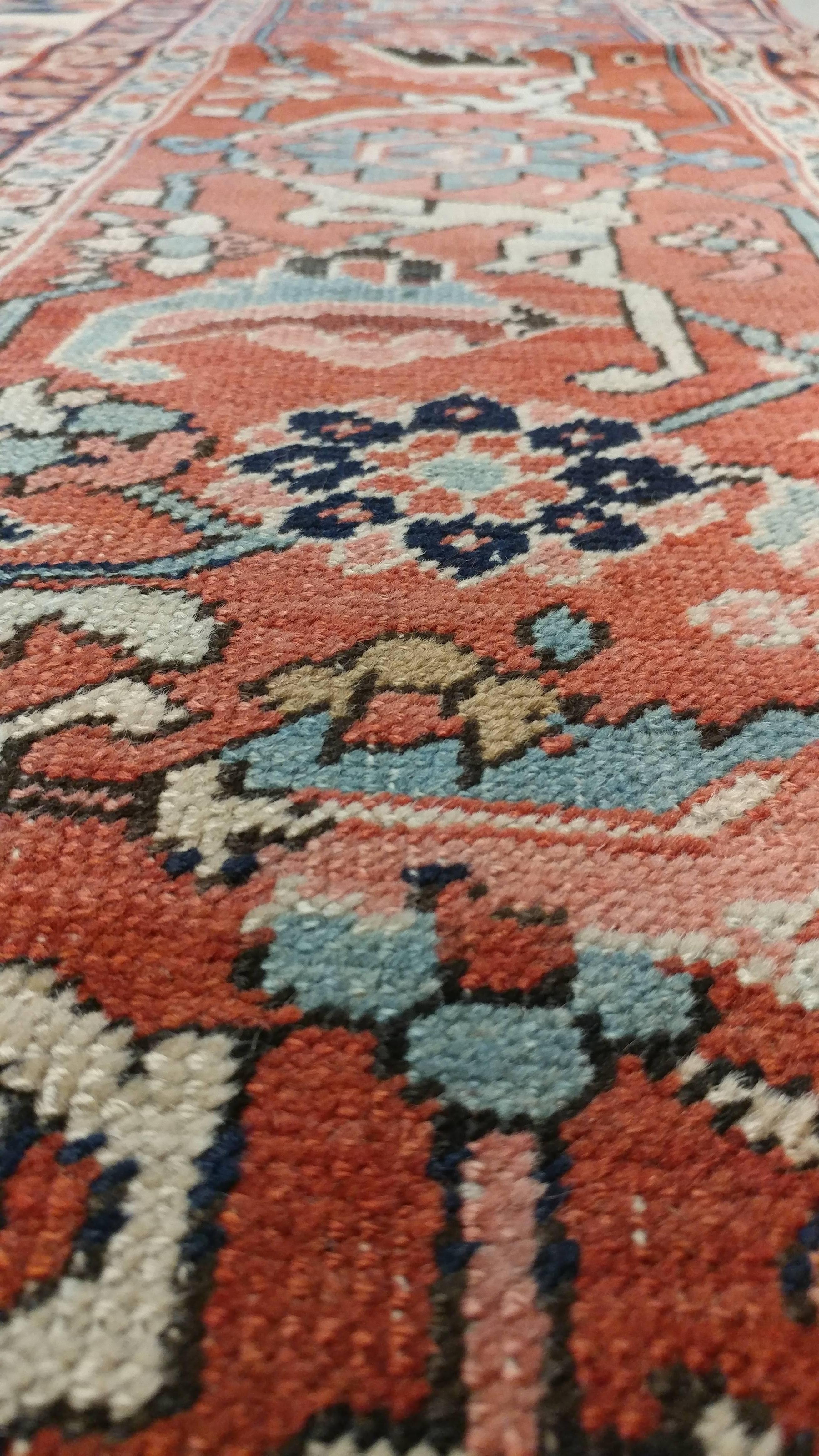 Antique Persian Serapi Carpet, Handmade Wool Oriental Rug, Ivory and Light Blue For Sale 1