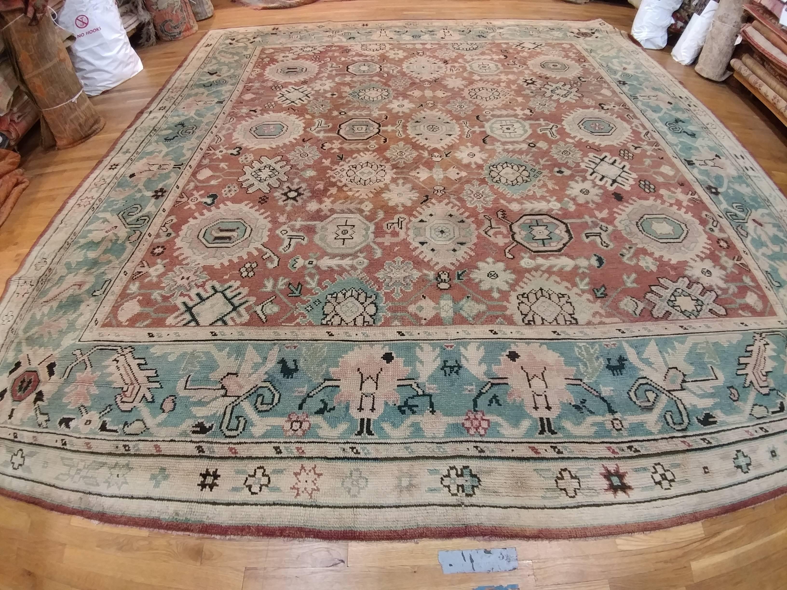 Antique Oushak Carpet, Red Carpet, Handmade Carpet, Turkish Carpet, Brown, Green For Sale 2