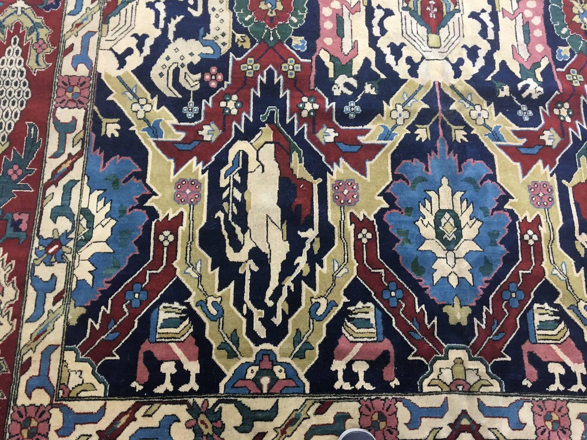 Persian Antique Tabriz Carpet, Dragon Design, Handmade Oriental Rug Red, Blue, Gold
